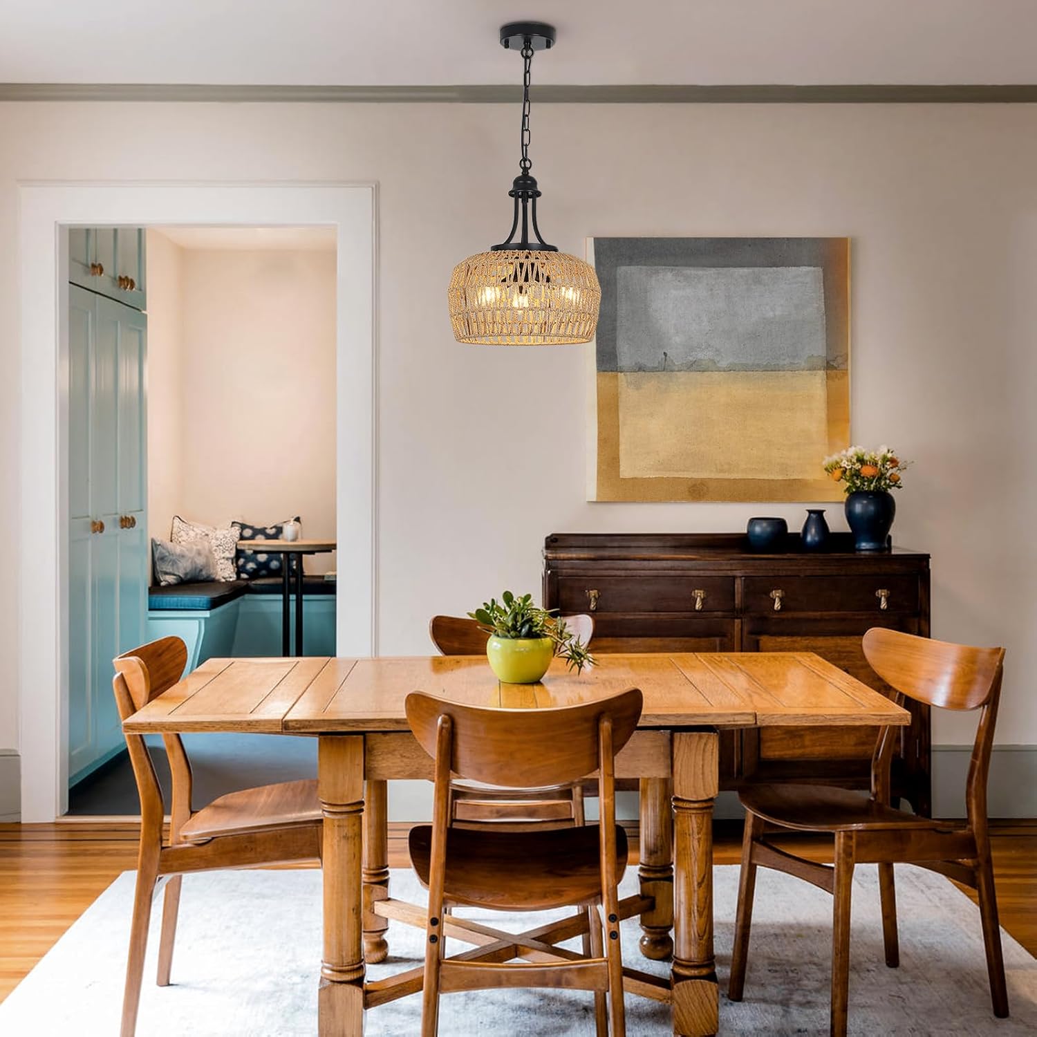 HMVPL Lámpara de araña de granja para comedor, 3 luces, estilo bohemio, de ratán, lámpara colgante de techo con pantalla tejida, pequeña lámpara