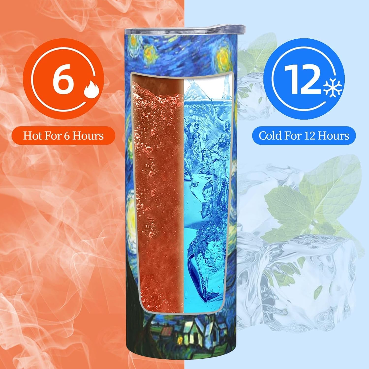Van Gogh’s Starry – Vaso aislado de acero inoxidable de 20 onzas, taza de café estilo cielo con tapa a prueba de salpicaduras y popote para hombres,