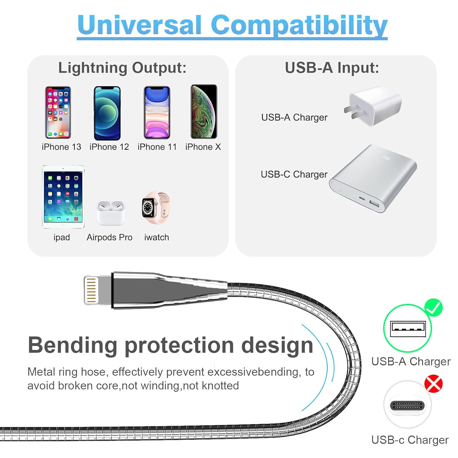 Cable de carga trenzado de metal para iPhone con certificación MFi de Apple, 6.6 pies, resistente cable Lightning de acero inoxidable 304, cable