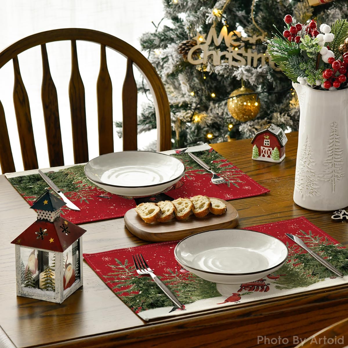 Artoid Mode Juego de 8 manteles individuales de Navidad de árbol de muñeco de nieve rojo, 12 x 18 pulgadas, para decoración de fiestas, cocina,