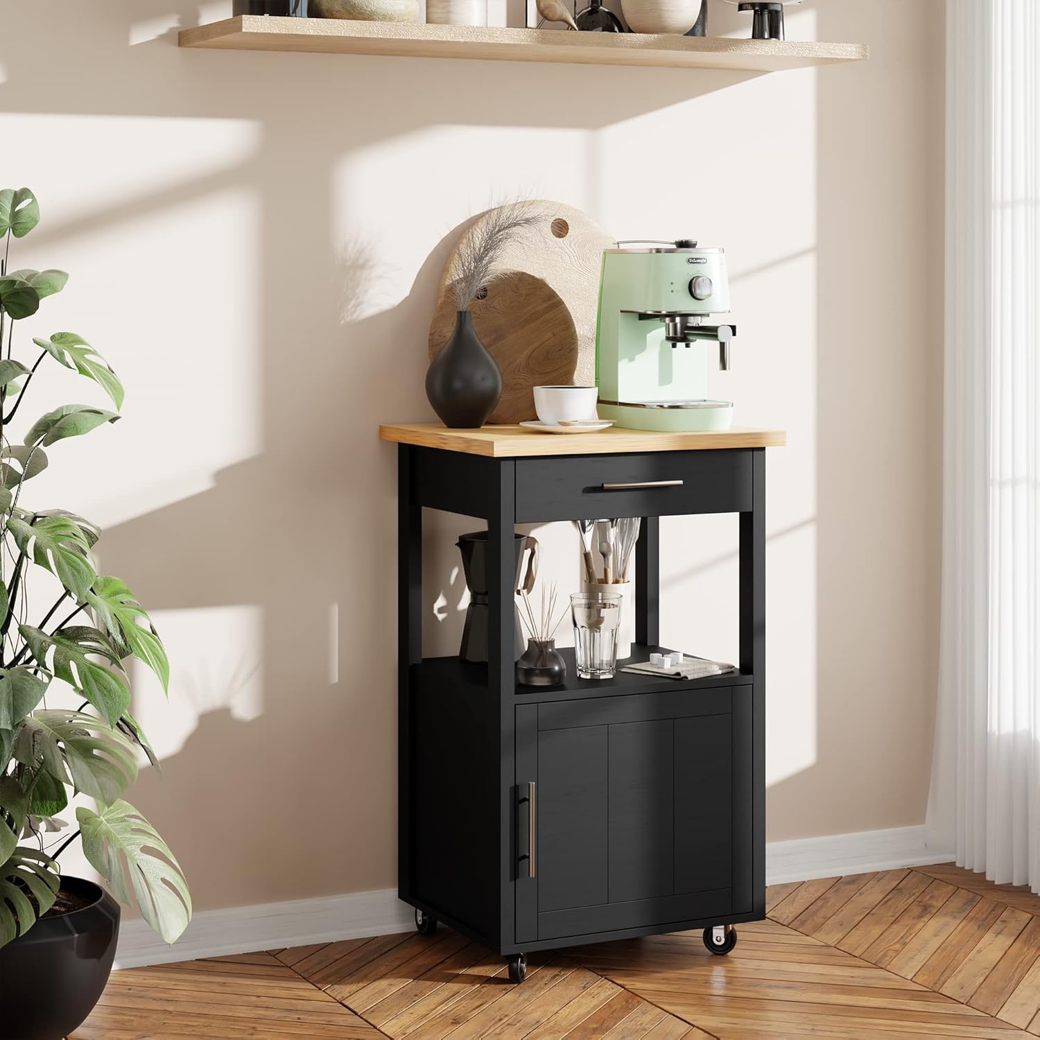 SUNLEI Isla de cocina con ruedas con armario de almacenamiento y cajón, mesa de cocina con ruedas de 21.7 pulgadas de ancho, asa de carrito para
