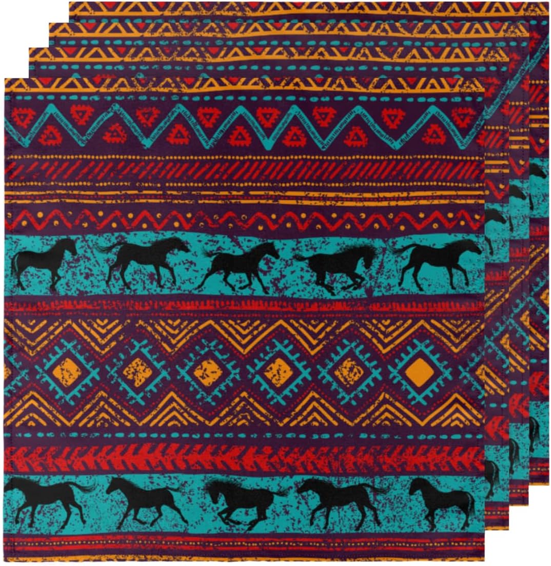 Cloth Napkins Set of 4 Ethnic Horse 20×20 Inch Cloth Napkins Aztec Pattern Washable Reusable Kitchen Dinner Napkins Table Decor for Wedding, Holiday