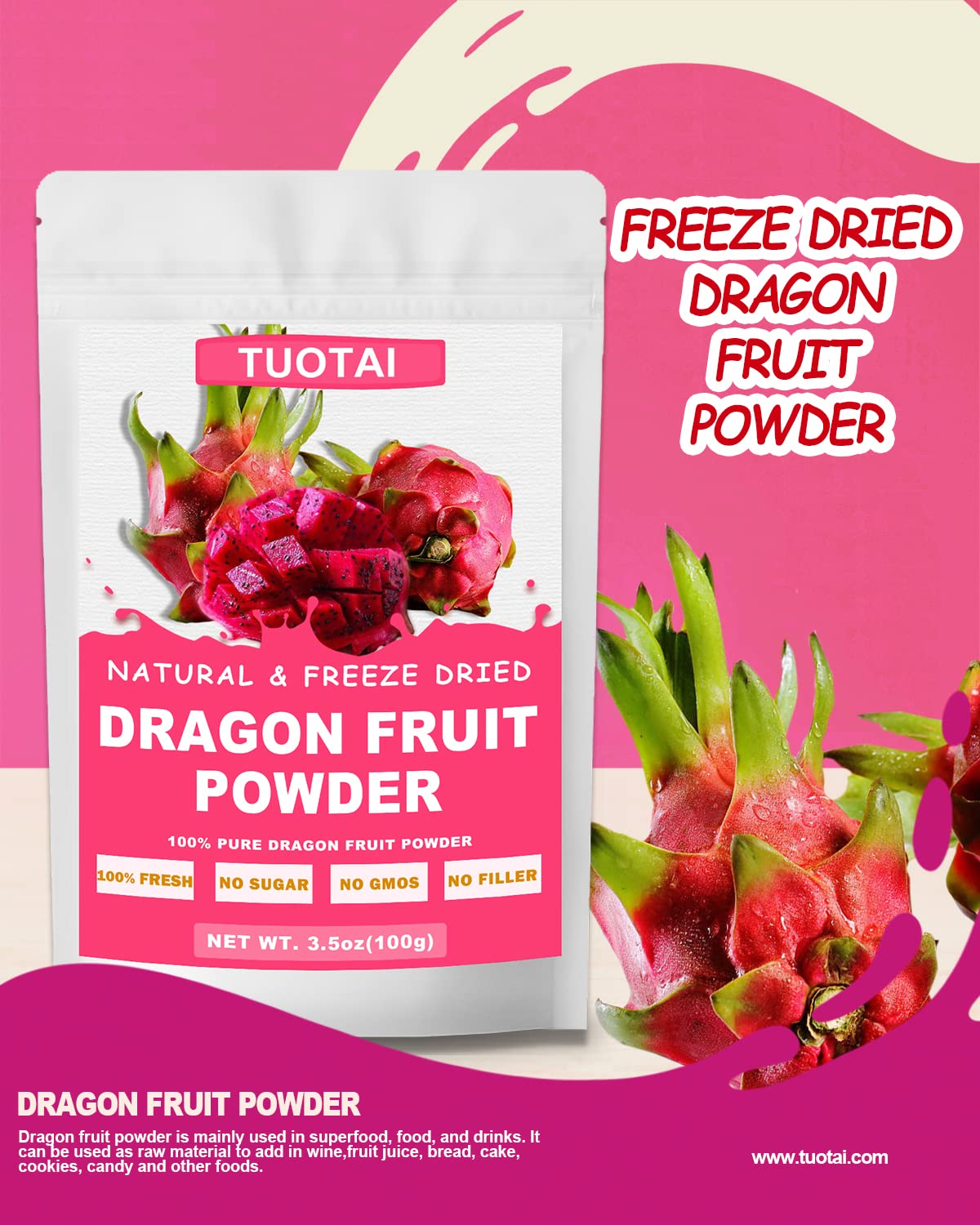 Polvo de fruta de dragón rojo liofilizadopitaya, 3.5 onzas, polvo de fruta del dragón para batidos, bebidas y alimentos para hornear