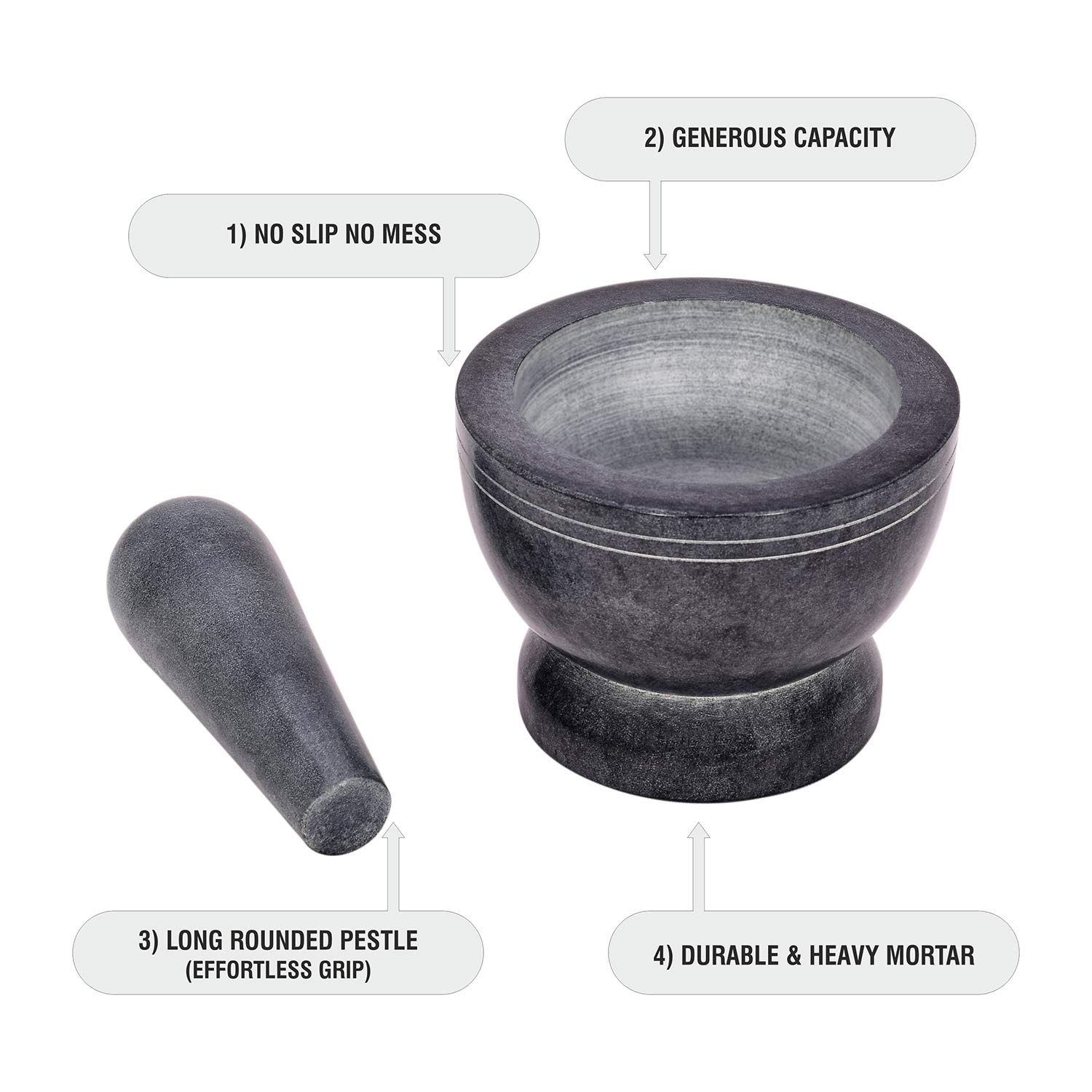 Mortero y mortero, hecho de piedra dura pulida resistente, molinillo para especias, pastas, hierbas, condimentos, etc.