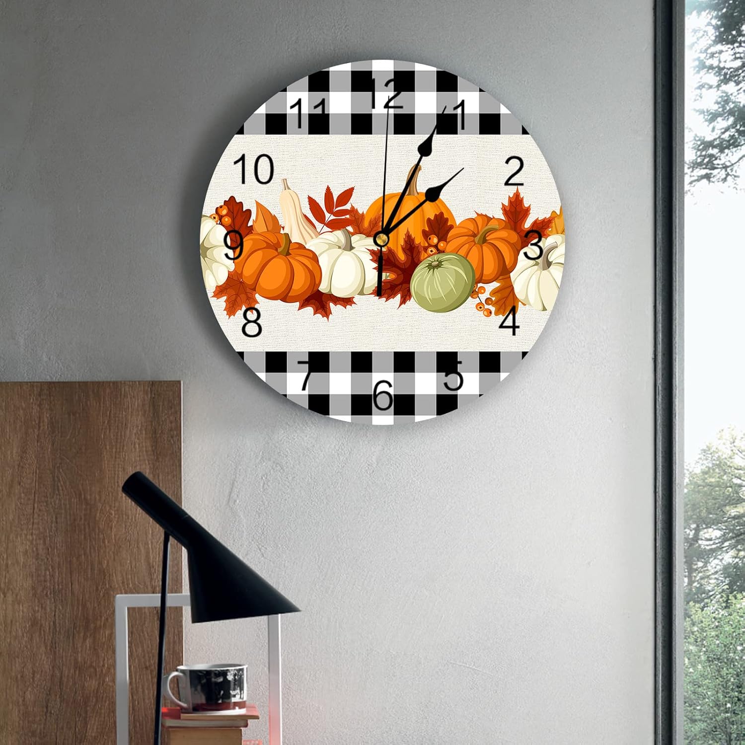 Artwork Store Reloj de pared silencioso de 10 pulgadas para Acción de Gracias, acuarela, calabaza, hoja de arce, búfalo, a cuadros, elegante reloj