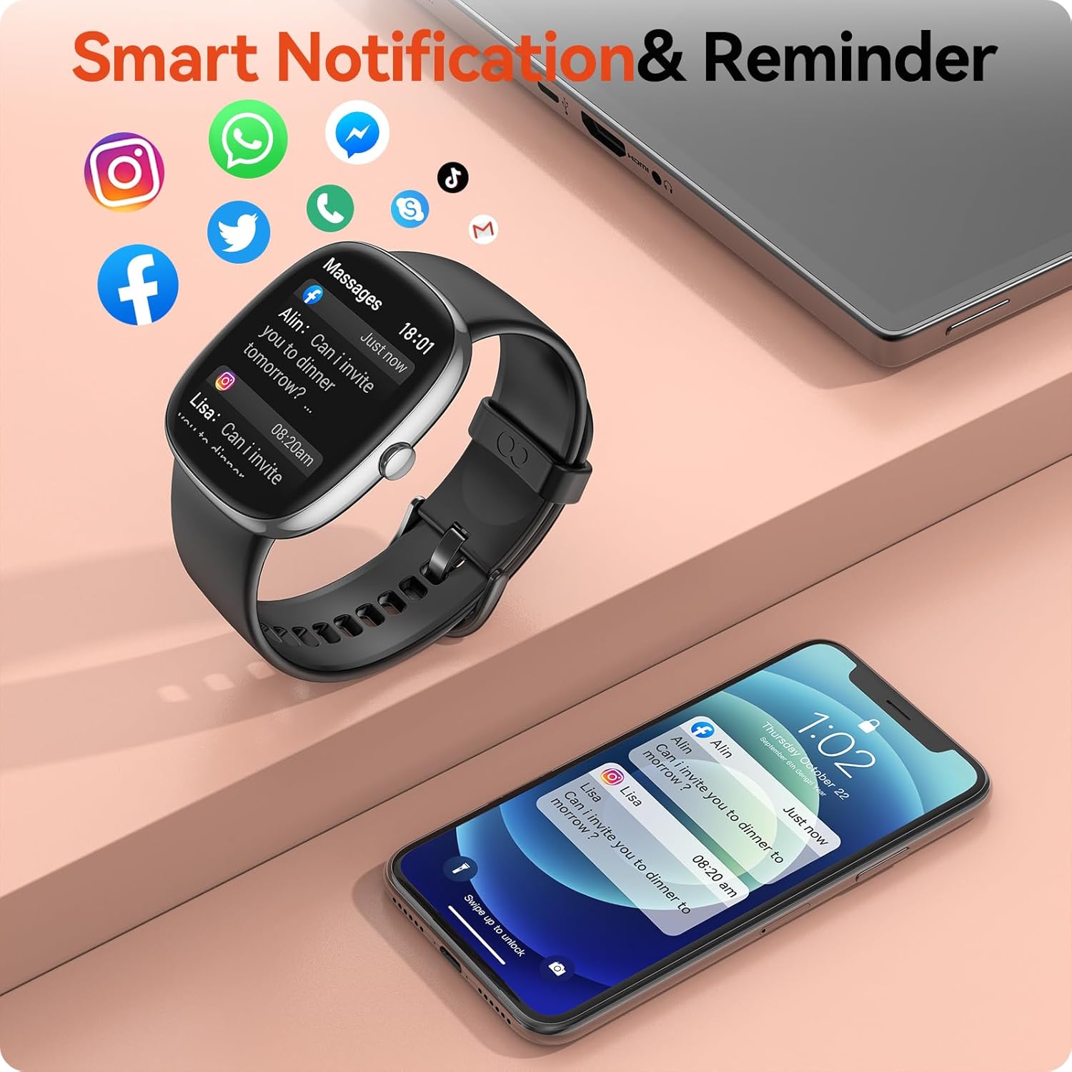 Reloj de seguimiento de actividad física con frecuencia cardíaca 247, monitor de sueño de oxígeno en sangre y frecuencia cardíaca, 1.69 pulgadas,