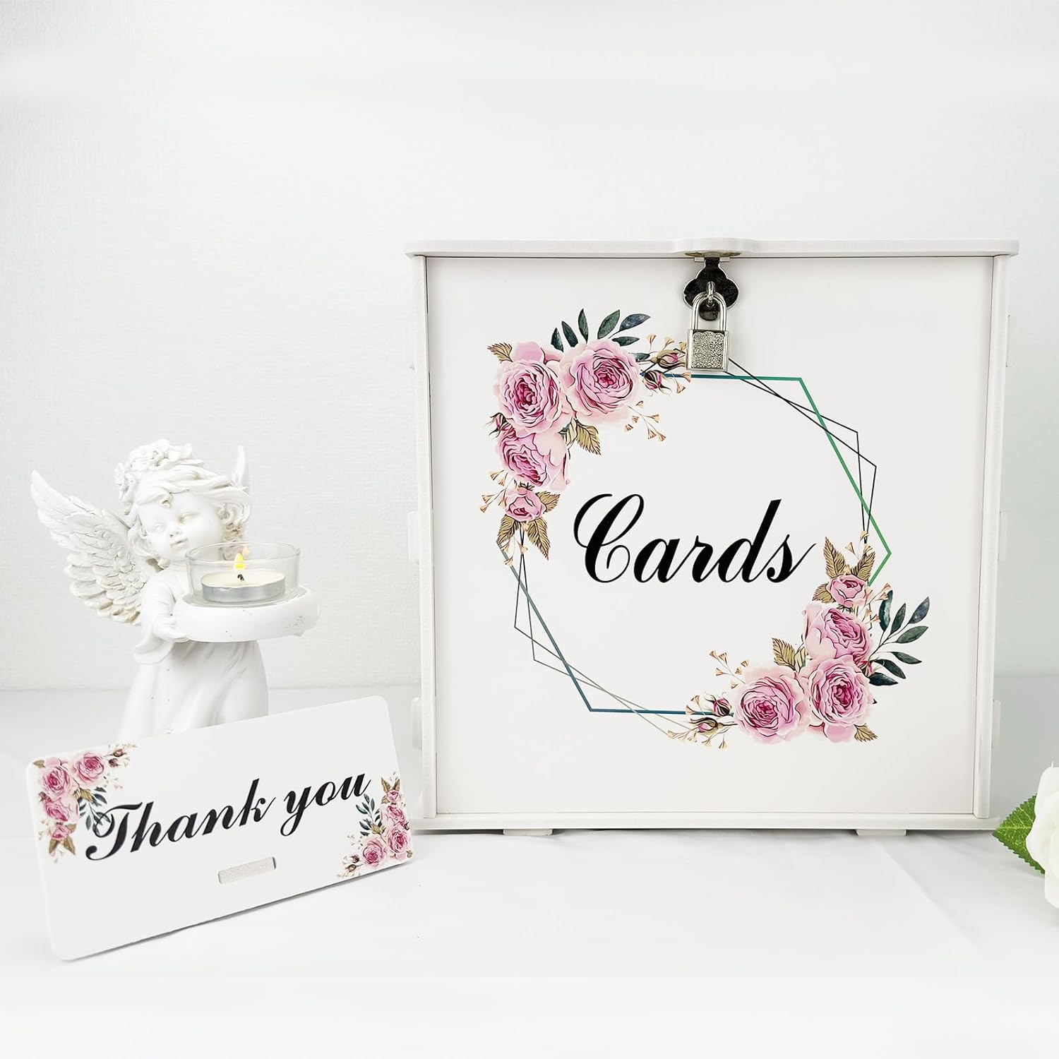 Caja de tarjetas de boda blanca con cerradura, cajas de tarjetas de boda de regalo para recepción con soporte de dinero con letrero de rosa para