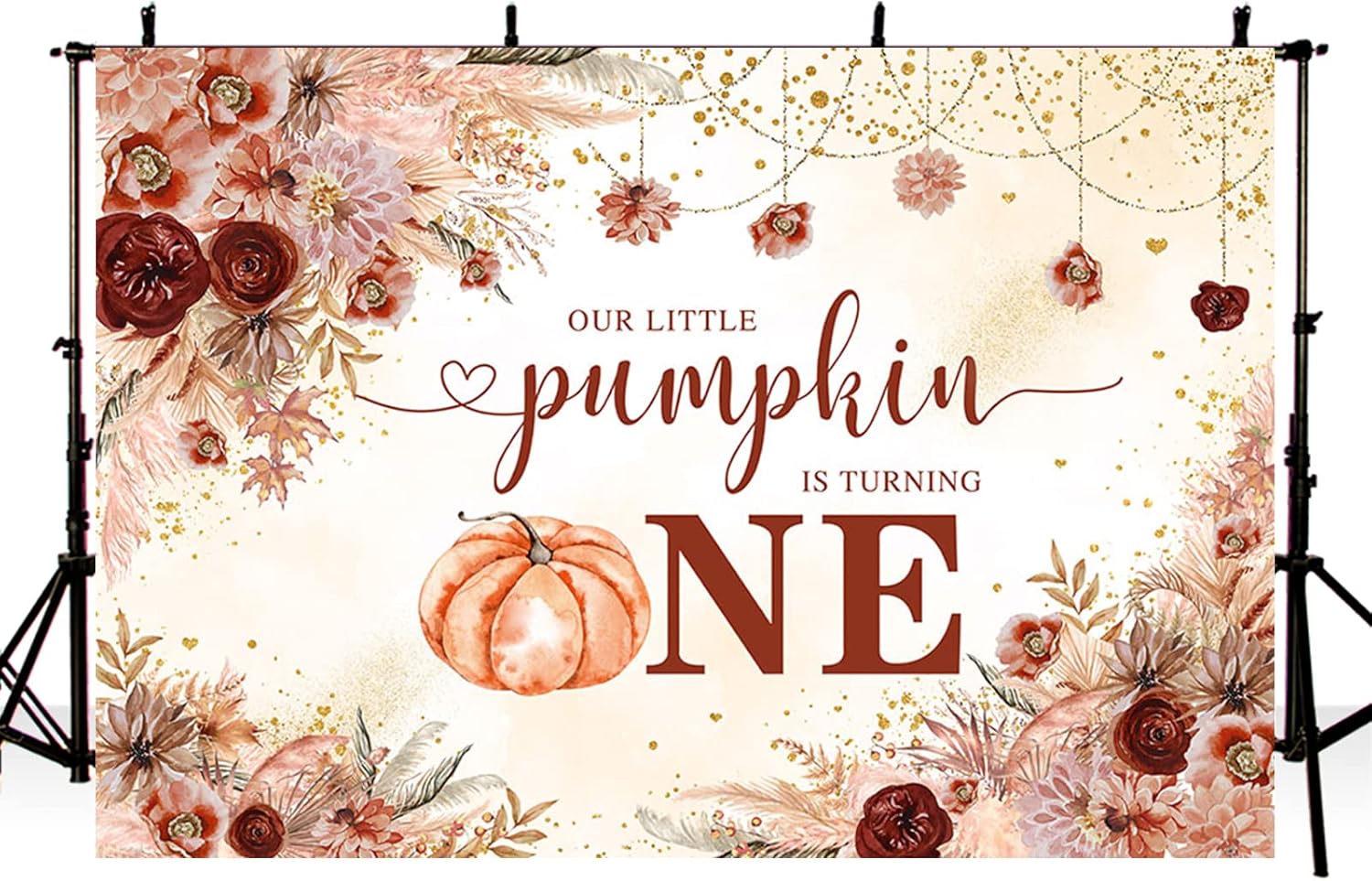 MEHOFOND 6.5 x 4.8 pies, decoración de fiesta de primer cumpleaños, diseño de calabaza con texto en inglés “Little Pumpkin is Turning One”,