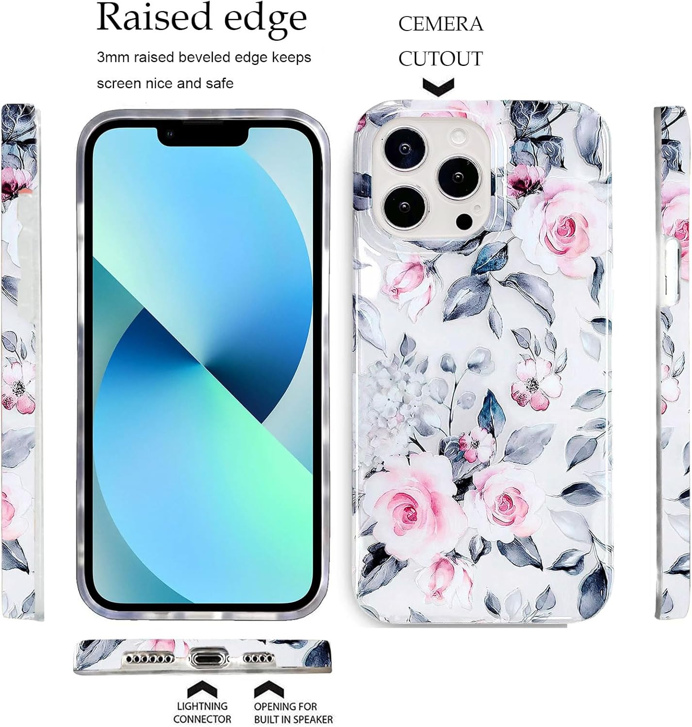 J.west Funda para iPhone 13 Pro Max 6.7, suave a prueba de golpes, linda funda protectora de teléfono floral rosa para mujer, diseño retro