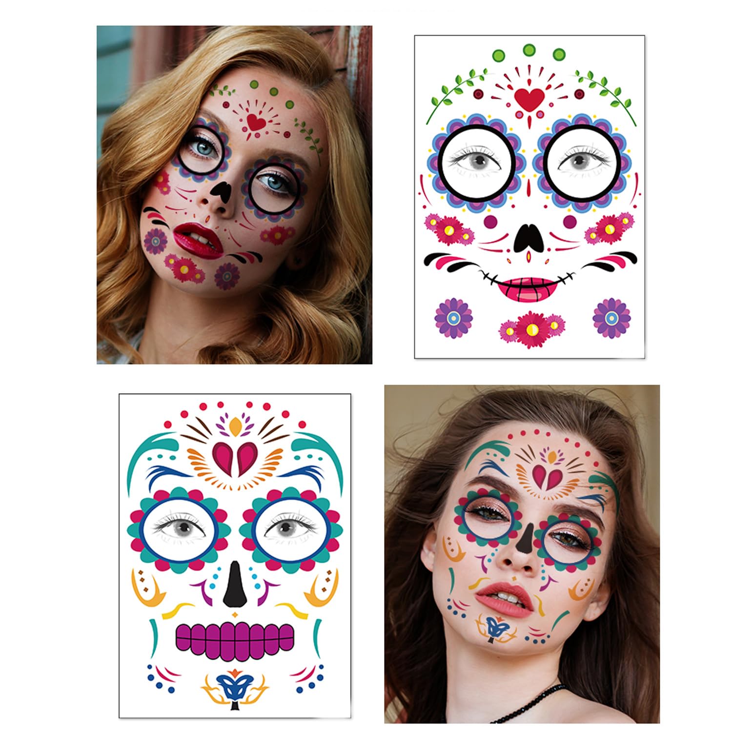 Día de los Muertos Tatuajes de Calavera de Azúcar Floral Negro Esqueleto Web Rosas Rojas Disfraz de Halloween Tatuajes Temporales 9 Hojas