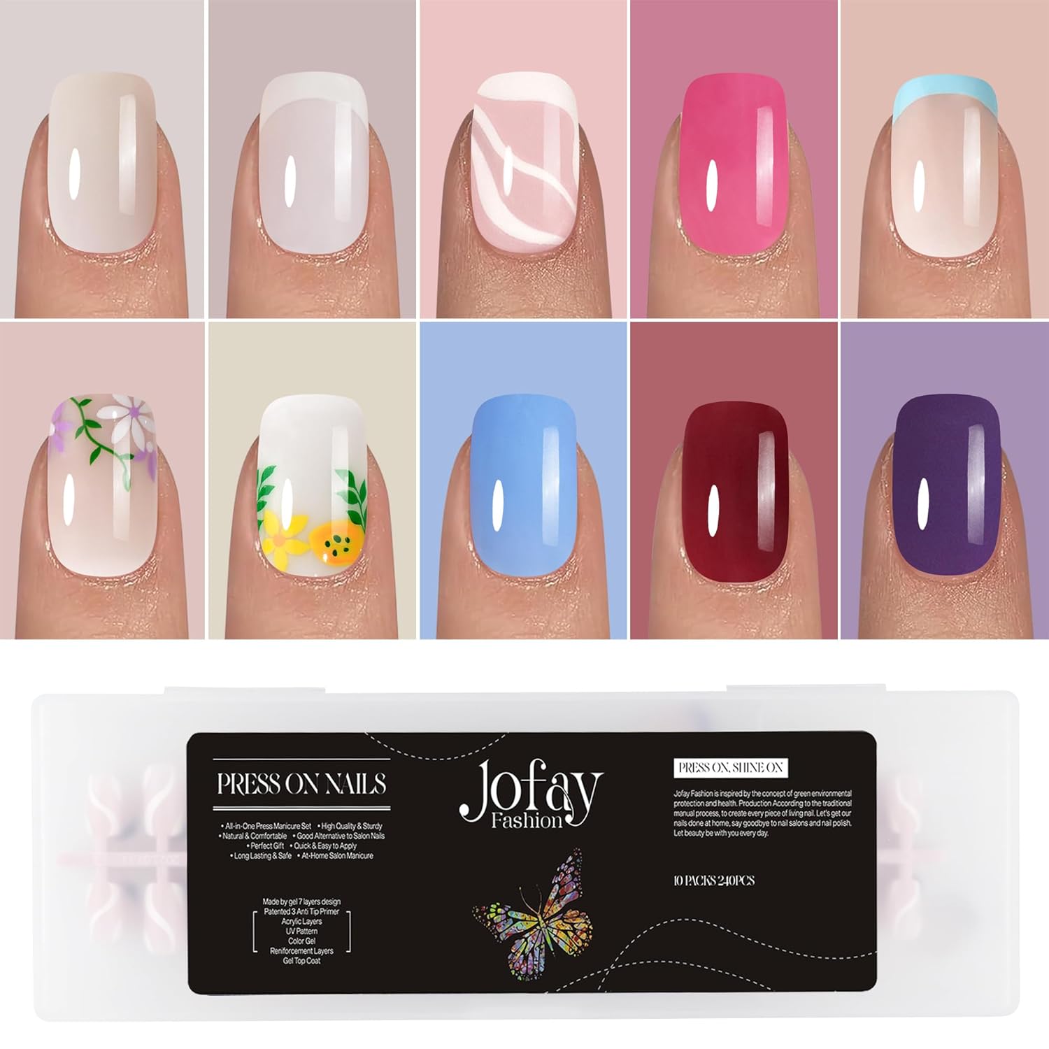 Jofay Fashion – Juego de 10 puntas de uñas (240 piezas) de uñas acrílicas de gel suave, color nude, rosa, flor francesa, uñas postizas cuadradas