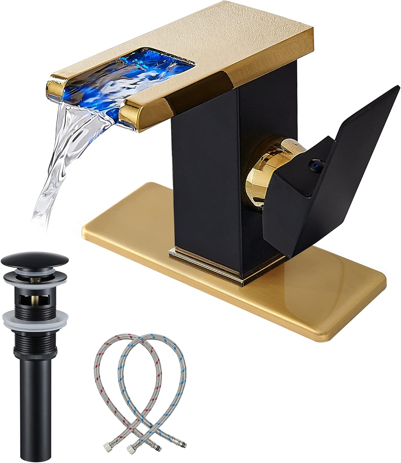 Grifo de baño con mango de un solo agujero, caño abierto en cascada LED, negro y dorado, moderno, latón, lavabo de 3 agujeros, lavabo de 4 pulgadas,