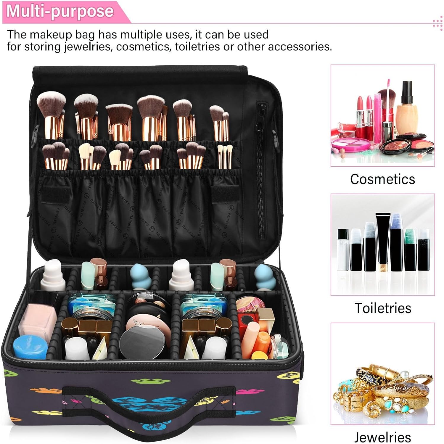 Coloridas huellas de perro huellas de cosméticos conjuntos de bolsas de viaje para artículos de aseo personal, bolsa de maquillaje, capacidad