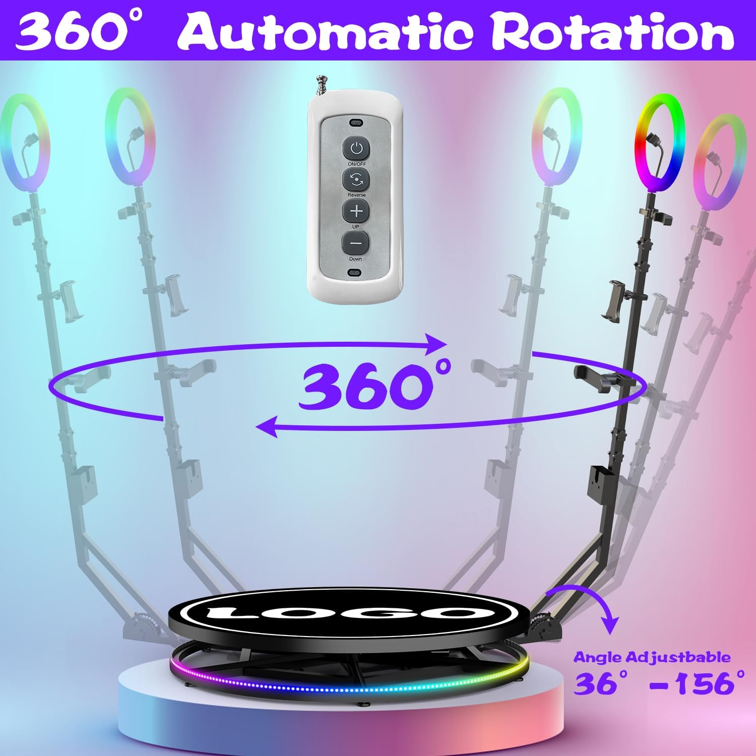 Máquina de cabina de fotos 360 para fiestas con anillo sin luz personalizada Logo Stand en control remoto Cámara lenta automática 360 Spin Photo