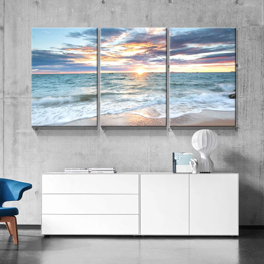 Denozer – Lienzo decorativo de 3 paneles para decoración del hogar, mar azul, puesta de sol y playa, pintura blanca, impresión sobre lienzo, paisaje
