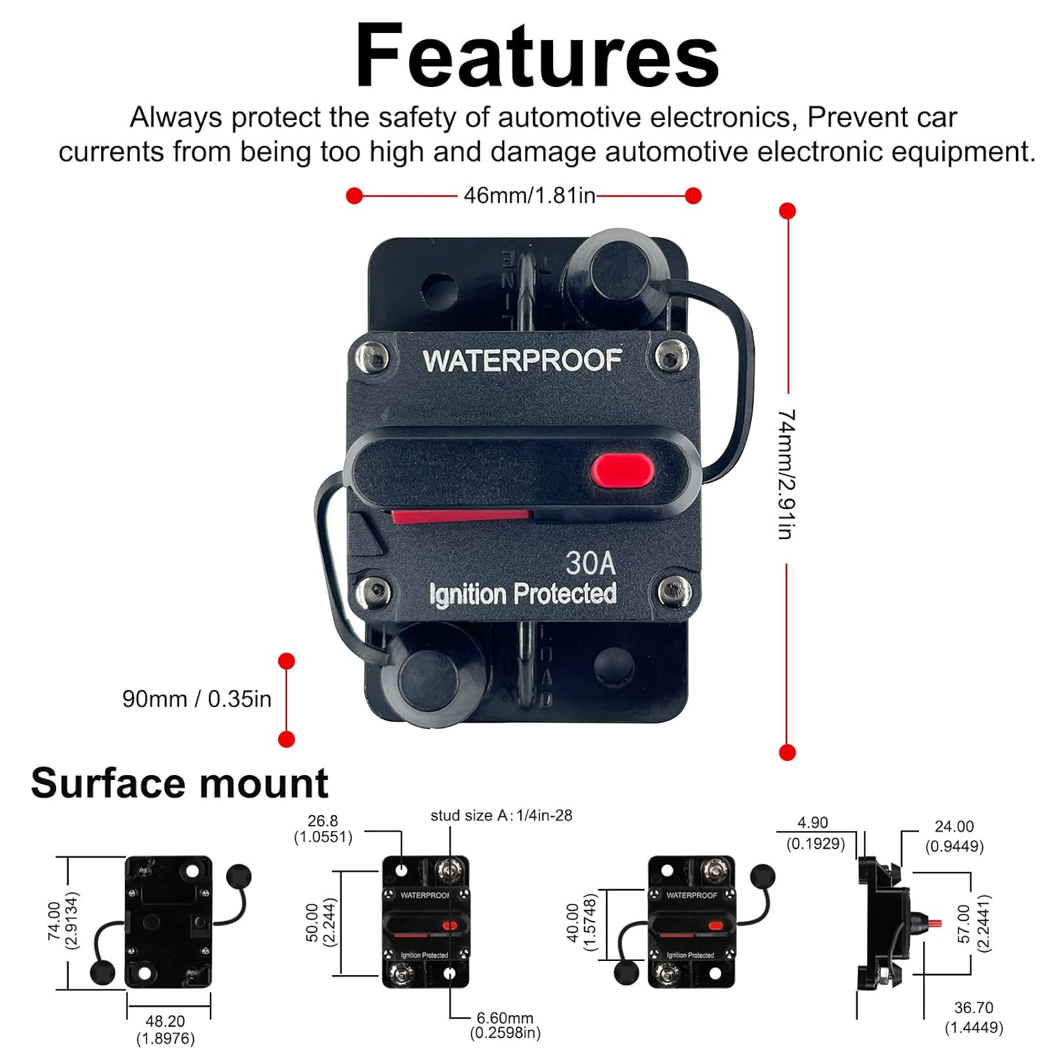 Disyuntor de 30 amperios de 12 V a 48 V CC con botón de interruptor de reinicio manual para motor de arrastre de barcos, vehículos de remolque ATV