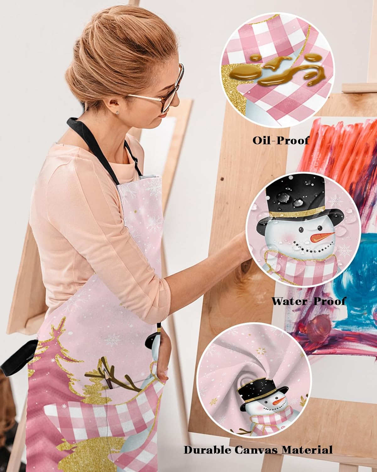 Gold Pink Snowman Bib Aprons for Women With Pockets, Waterproof Canvas Chef Kitchen Cooking Apron for PaintingHair StylistNail TechnicianKids Arts