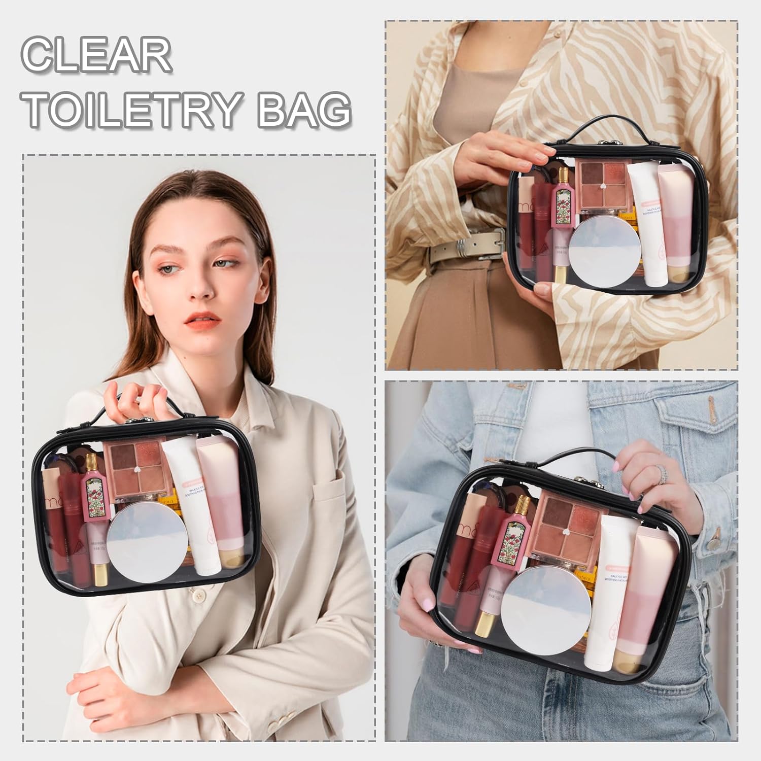 Neceser de viaje transparente aprobado por la TSA de 2 capas, organizador de maquillaje de gran capacidad, Negro -, Neceser de viaje transparente de