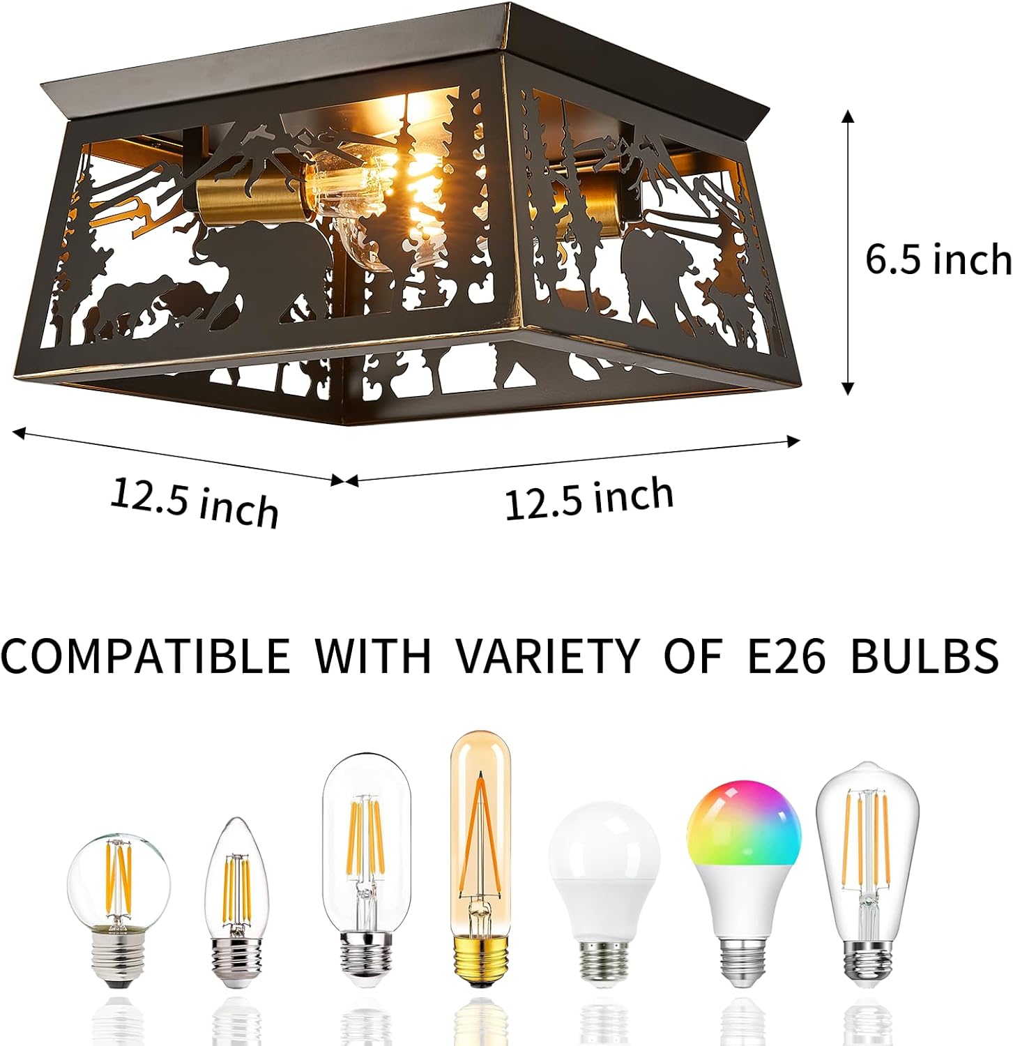 Feohak Lámpara rústica, lámpara de techo empotrada de 2 luces, con diseño de oso de metal, para exteriores, cabaña de troncos, para pasillo, porche,