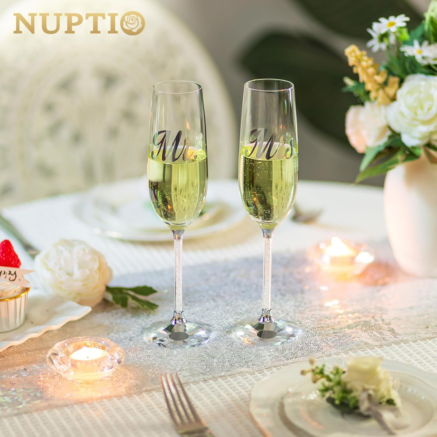 NUPTIO Copas de champán de cristal juego de 2 copas de champán de boda con caja de regalo de madera, flauta de brindis de Mr & Mrs para novia,