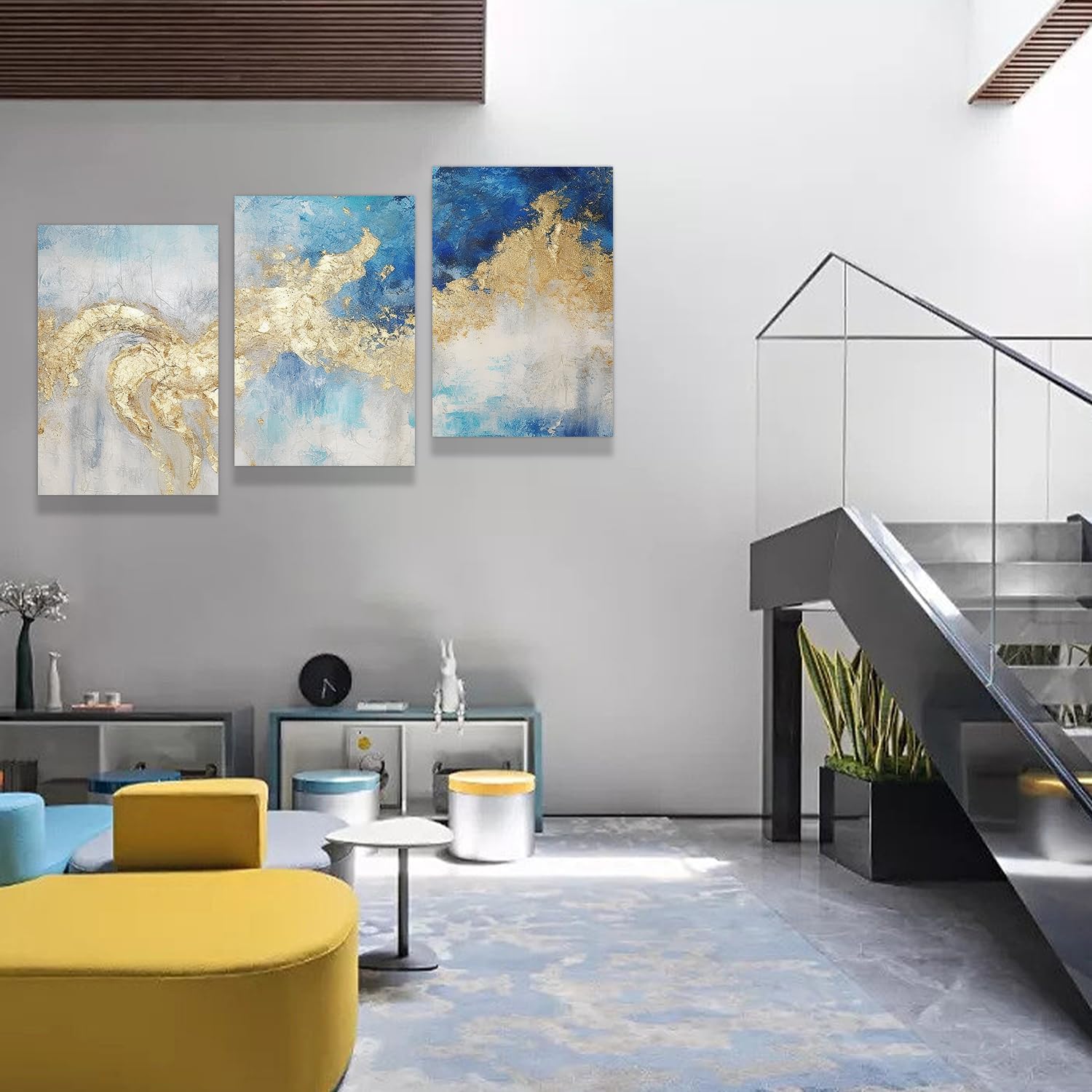 MOSTUNNA Lienzo abstracto de 3 piezas de arte abstracto con textura de mármol azul y dorado, póster de lámina dorada, pintura nórdica moderna de