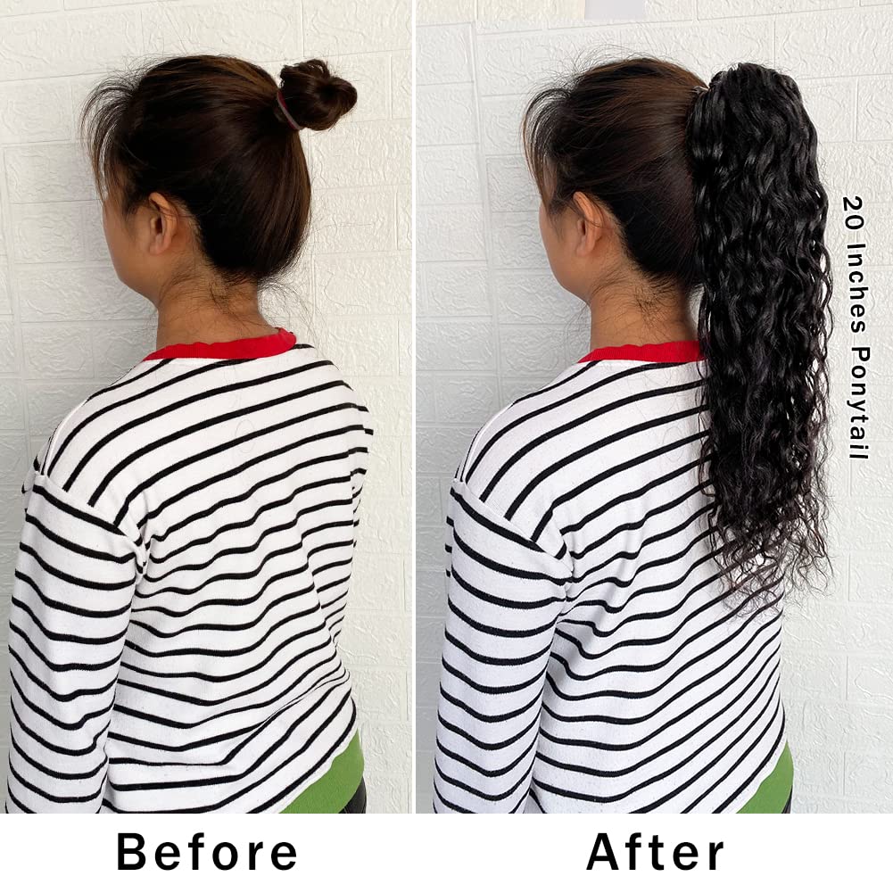 Alisfeel Extensiones de cola de caballo de cabello humano ondulado natural para mujeres negras, extensión de cola de caballo con cordón, 3.53 onzas