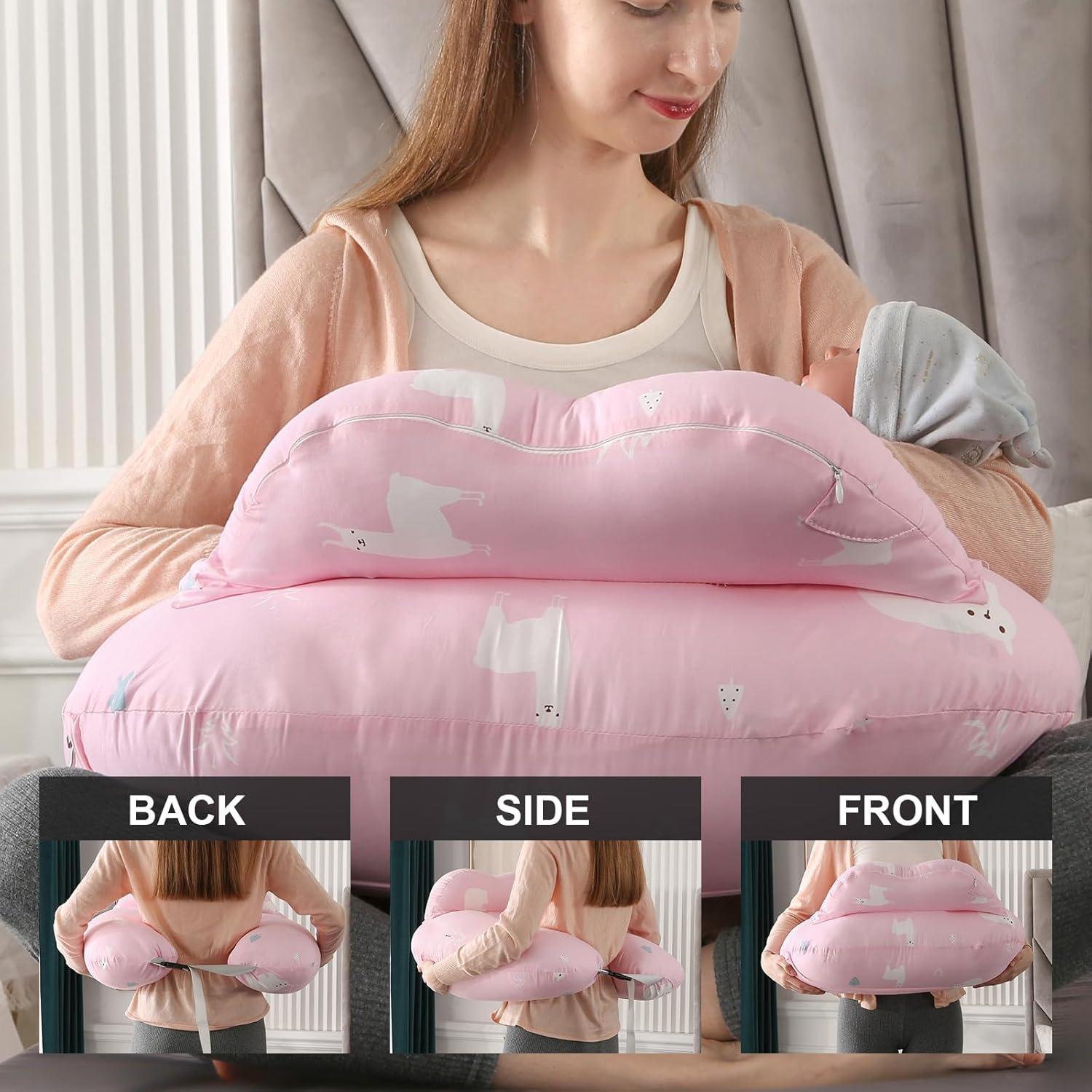Almohada de lactancia para lactancia, almohadas de lactancia materna para más apoyo para mamá y bebé, con valla de seguridad para bebé, correa de