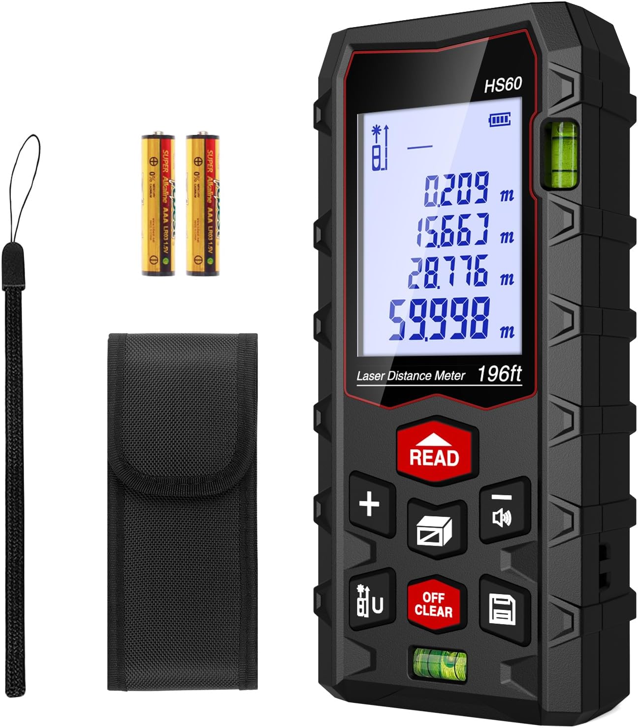 Laser Measure 196ft, Charcity Laser Distance Meter 60M(MinF) with 2 Bubble Levels, Mute Function IP54 Waterproof Large LCD Backlit, for Pythagorean