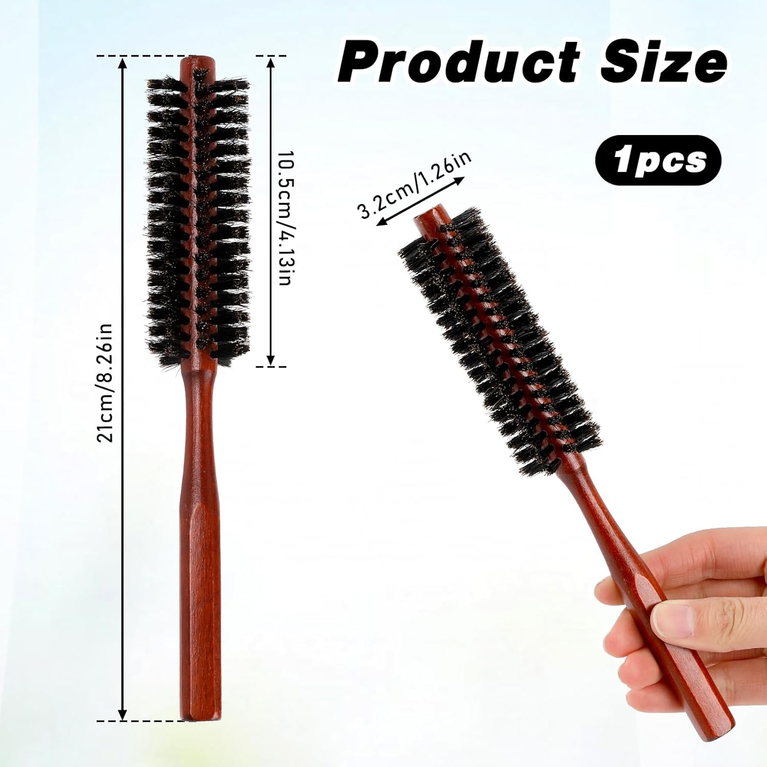 Cepillo de pelo redondo pequeño para cabello fino o corto, cepillo de pelo de cerdas de jabalí natural con mango de madera, mini cepillo