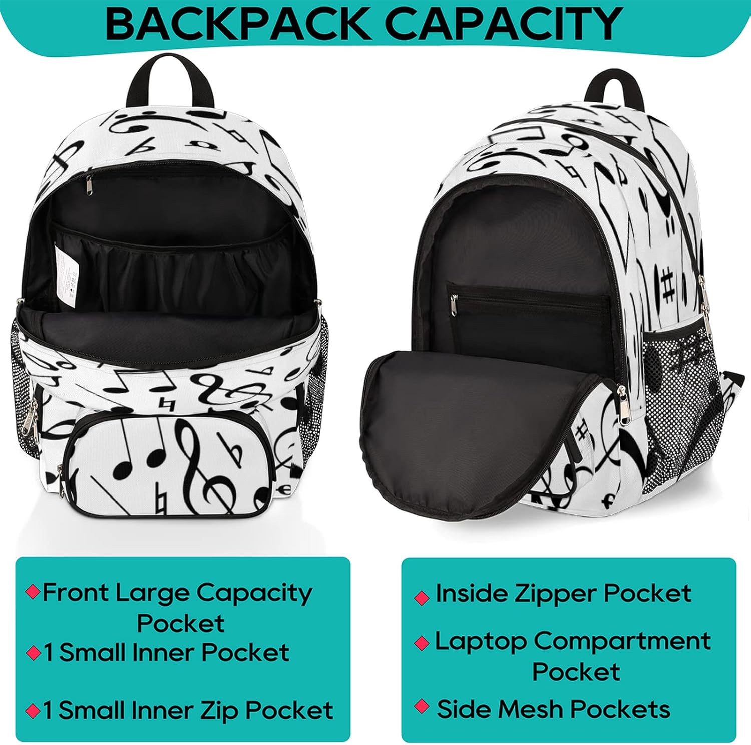 Mochila escolar negra con notas musicales, mochila escolar para adolescentes, niñas, niños, mochila escolar para computadora de hombro, senderismo,
