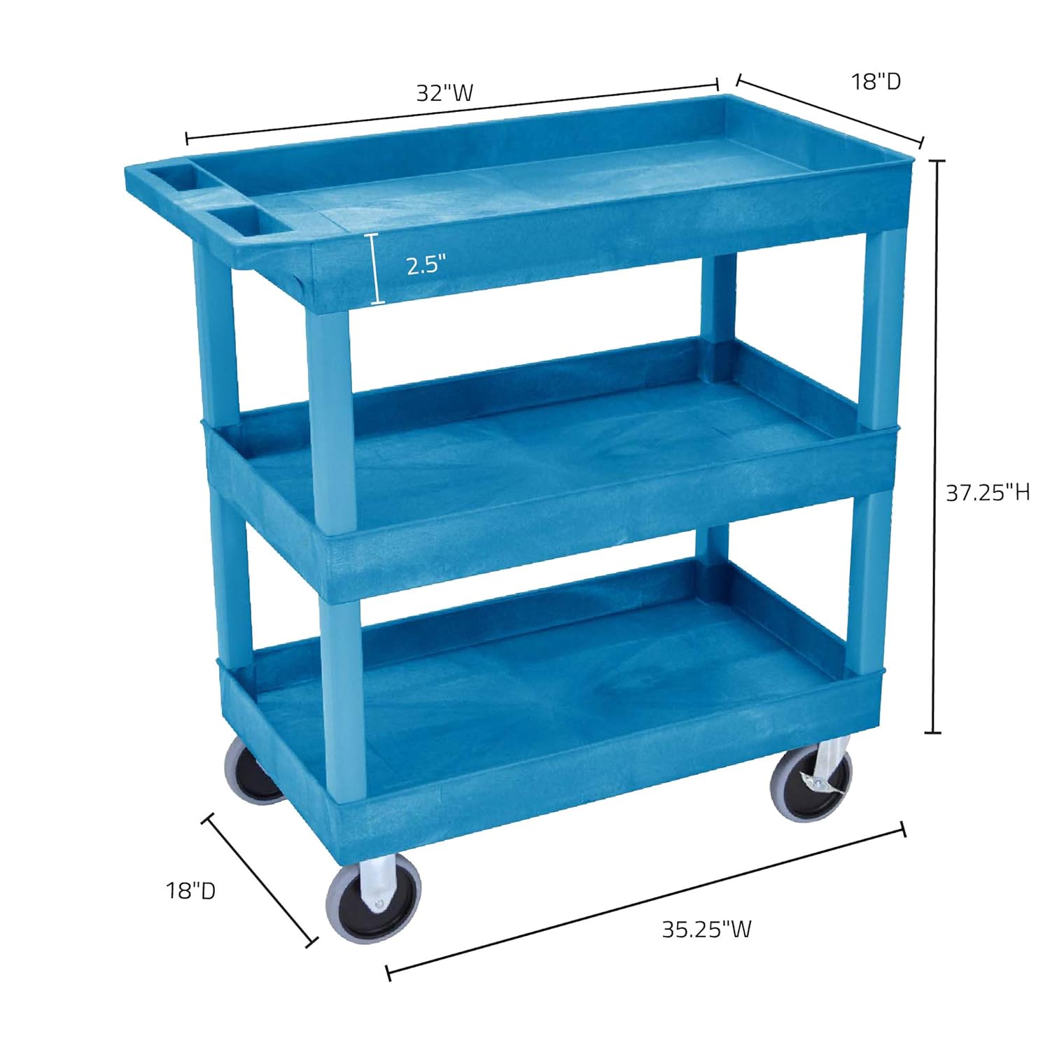 Luxor Carrito de bañera de alta capacidad resistente con tres estantes con asa, 18 pulgadas de profundidad x 35.25 pulgadas de ancho x 37.25