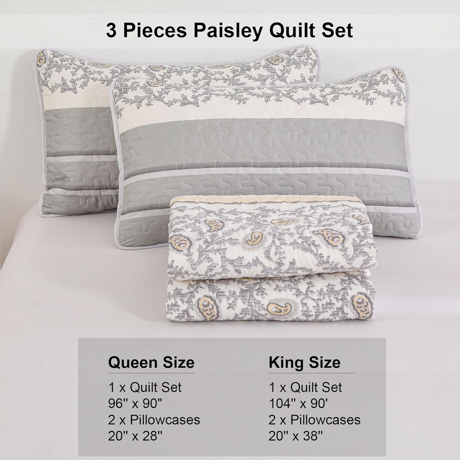 Anibedding Juego de edredón gris tamaño King de 3 piezas con estampado de cachemira, reversible, bohemio, a rayas, con 2 fundas de almohada, para