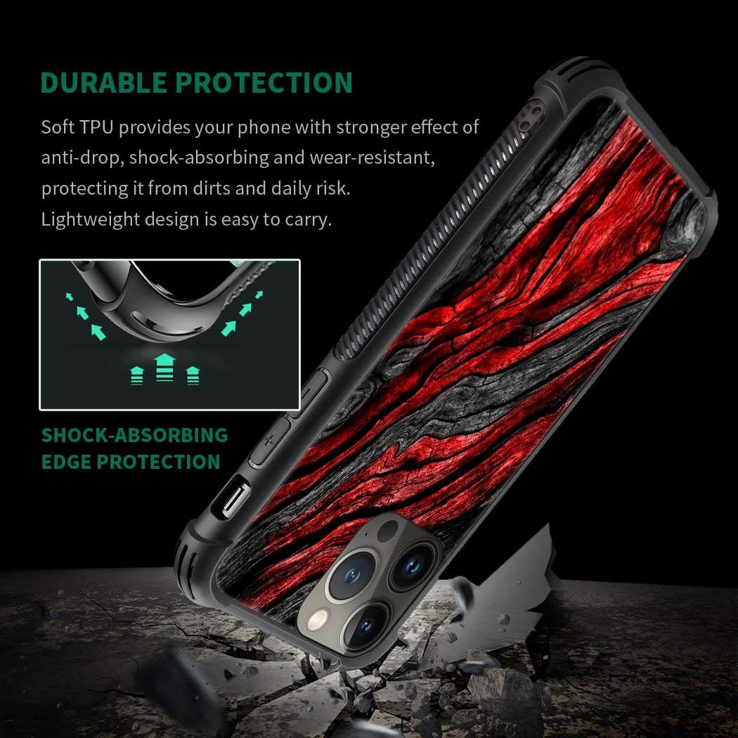CARLOCA Funda compatible con iPhone 15 Pro, 1 funda con patrón de grano de madera negra y roja para iPhone 15 Pro, ultra protección, a prueba de