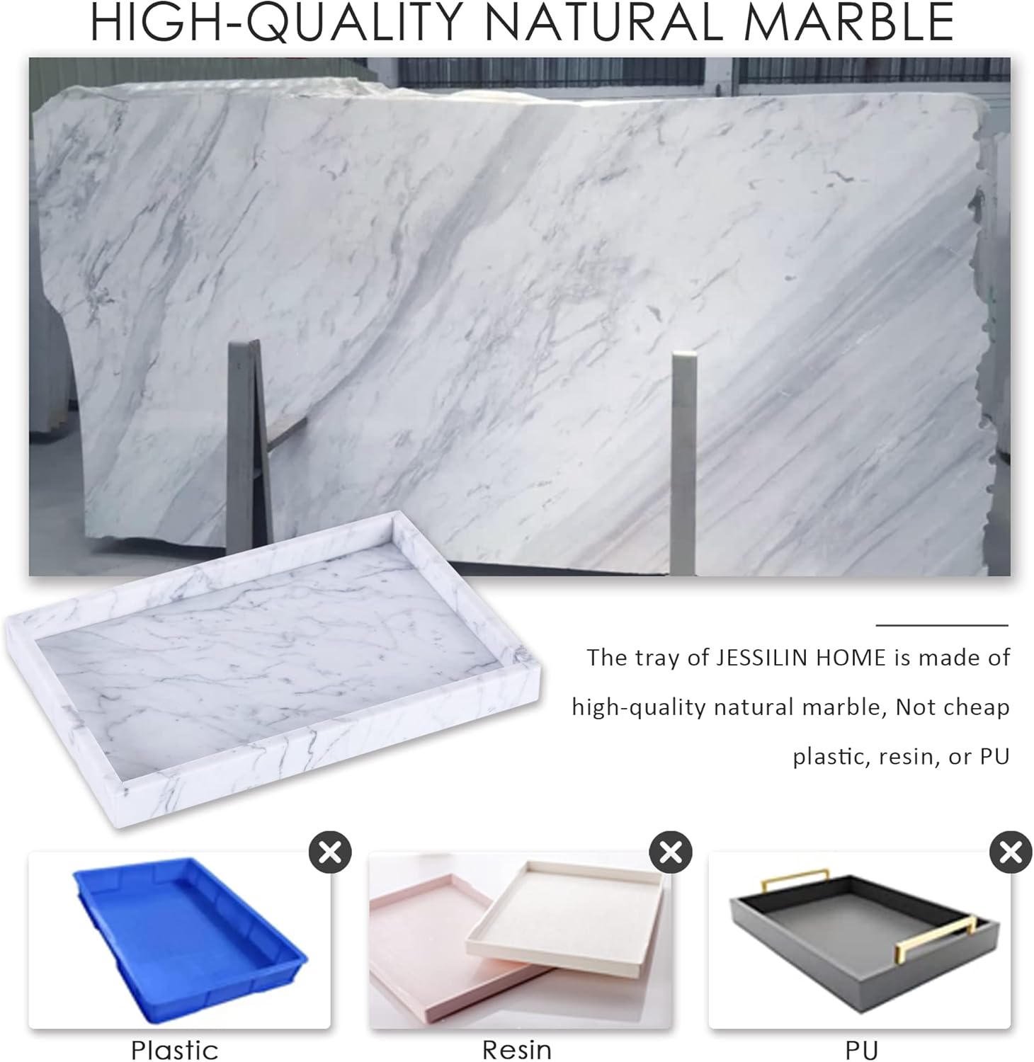 JESSILIN HOME Bandeja de mármol natural italiano, bandeja de tocador, bandeja de servir, bandeja decorativa para cocina, baño, blanco Carrara 12 x 7