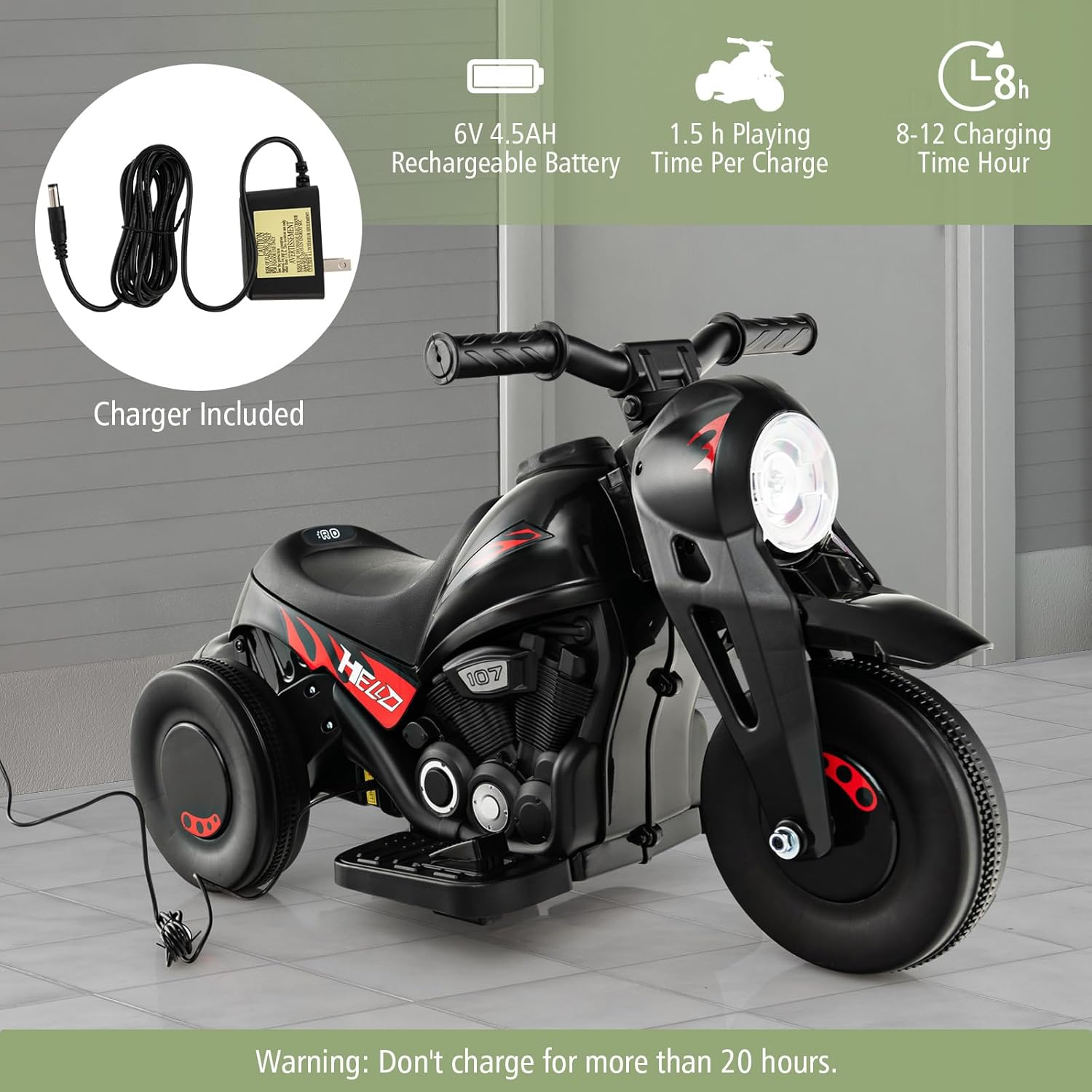 Costzon Motocicleta para niños, motocicleta de 6 V con fabricante de burbujas, música, faro LED, adelante y atrás, motocicleta eléctrica de 3 ruedas
