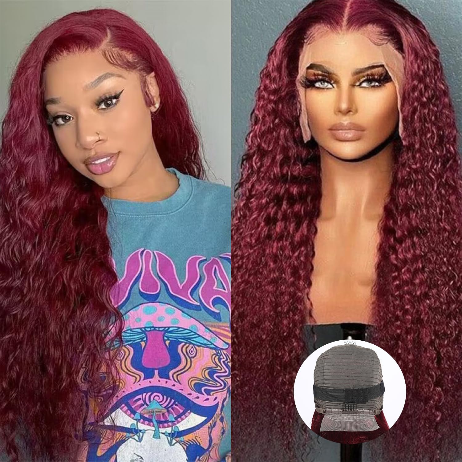 Pelucas de cabello humano con encaje frontal color burdeos 99J 13×4 HD con ondas profundas, pelucas de cabello humano prearrancado color rojo vino,
