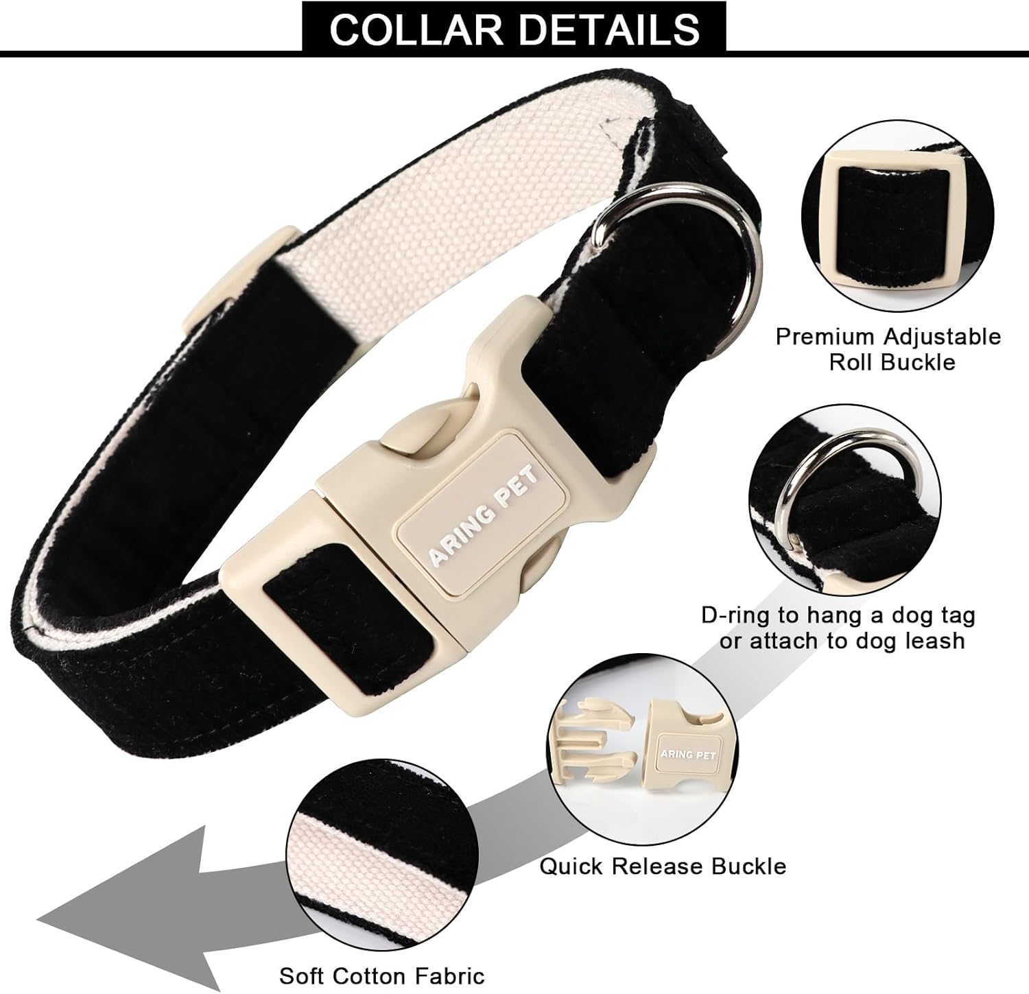 Aring Pet Collar de algodón, ligero y ajustable, con hebilla de liberación rápida para perros pequeños, medianos y grandes, negro