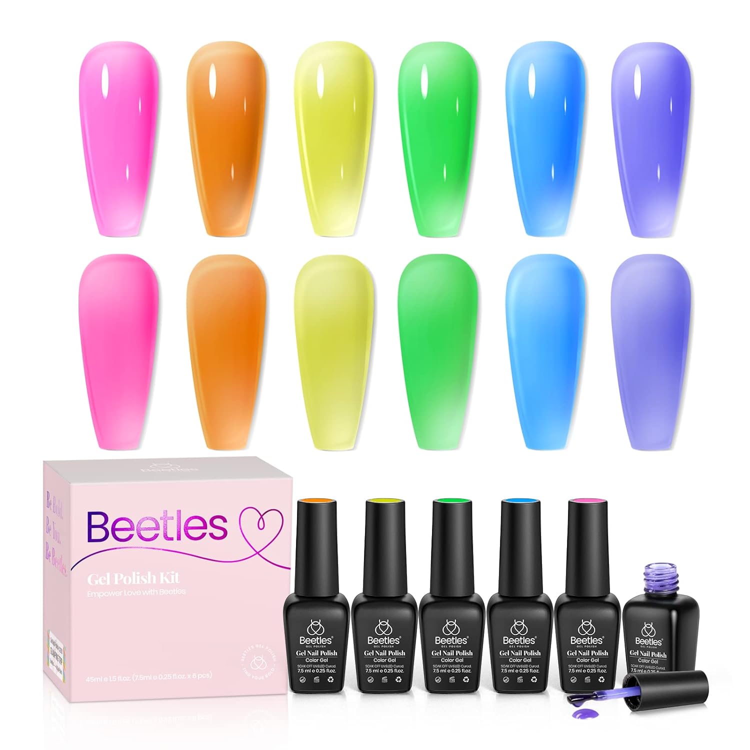 beetles Gel Polish Juego de esmaltes de uñas de gel de gelatina de 6 colores, kit de gel de uñas de neón con esmalte de uñas de gel, 6 colores,