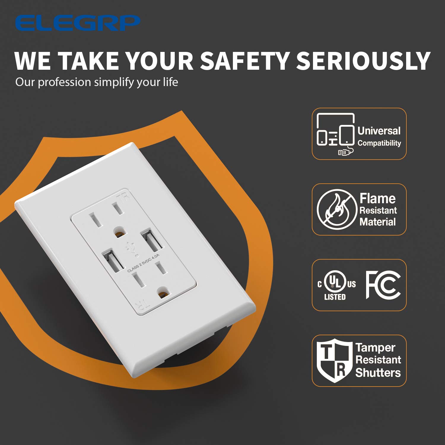 ELEGRP Tomacorrientes de pared de puertos USB de alta velocidad dual de 4.0 A con chip inteligente, enchufe doble de 15 A, placa de pared incluida,