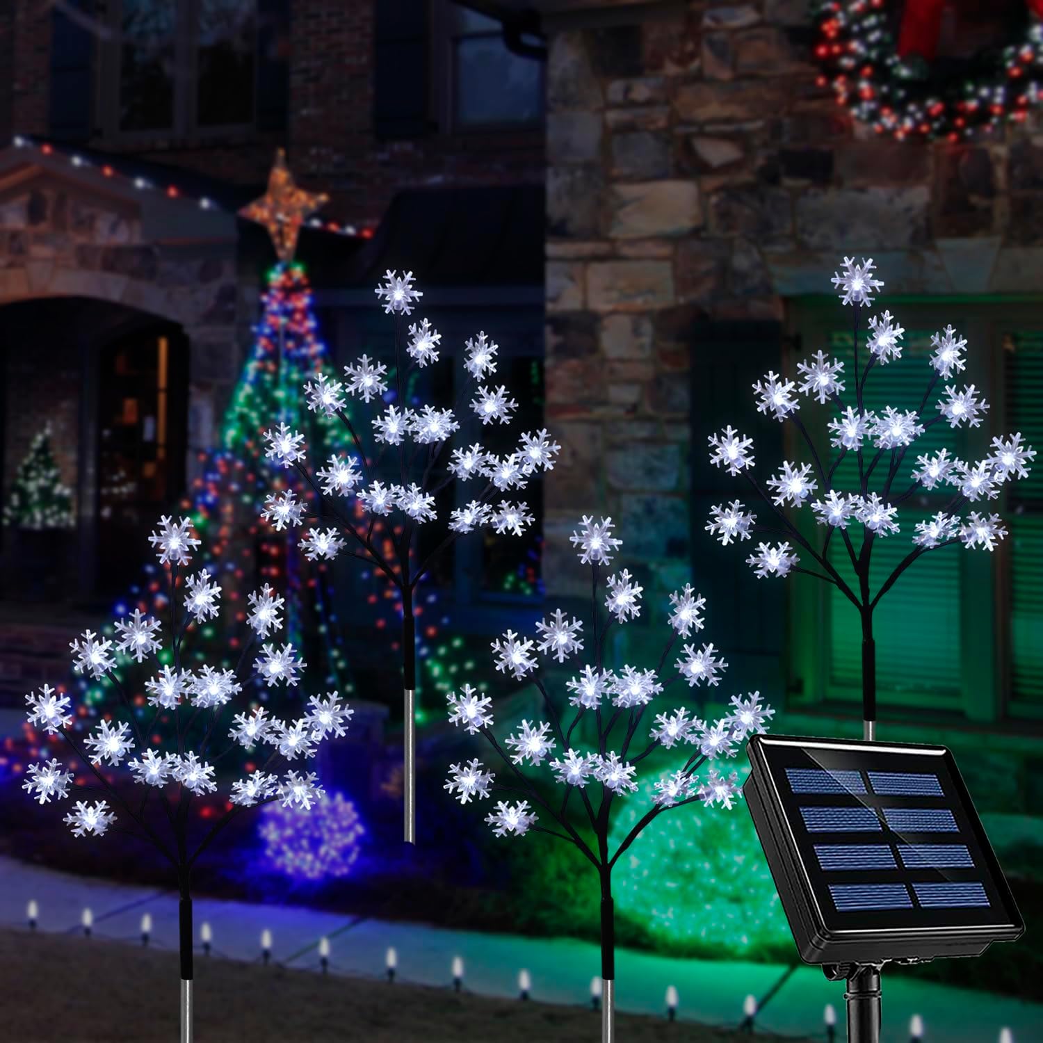 Paquete de 4 luces solares de 80 luces LED de copo de nieve de Navidad, 8 modos de luces solares de copo de nieve al aire libre, luces solares