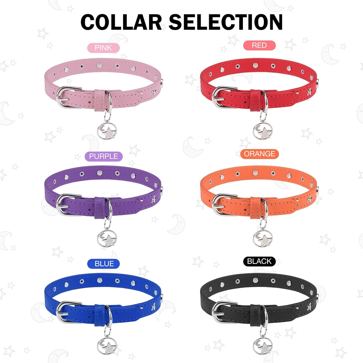 Collar de cuero para perros pequeños y medianos, collar ajustable con remache de estrella y luna con hebilla de metal resistente al óxido, collares