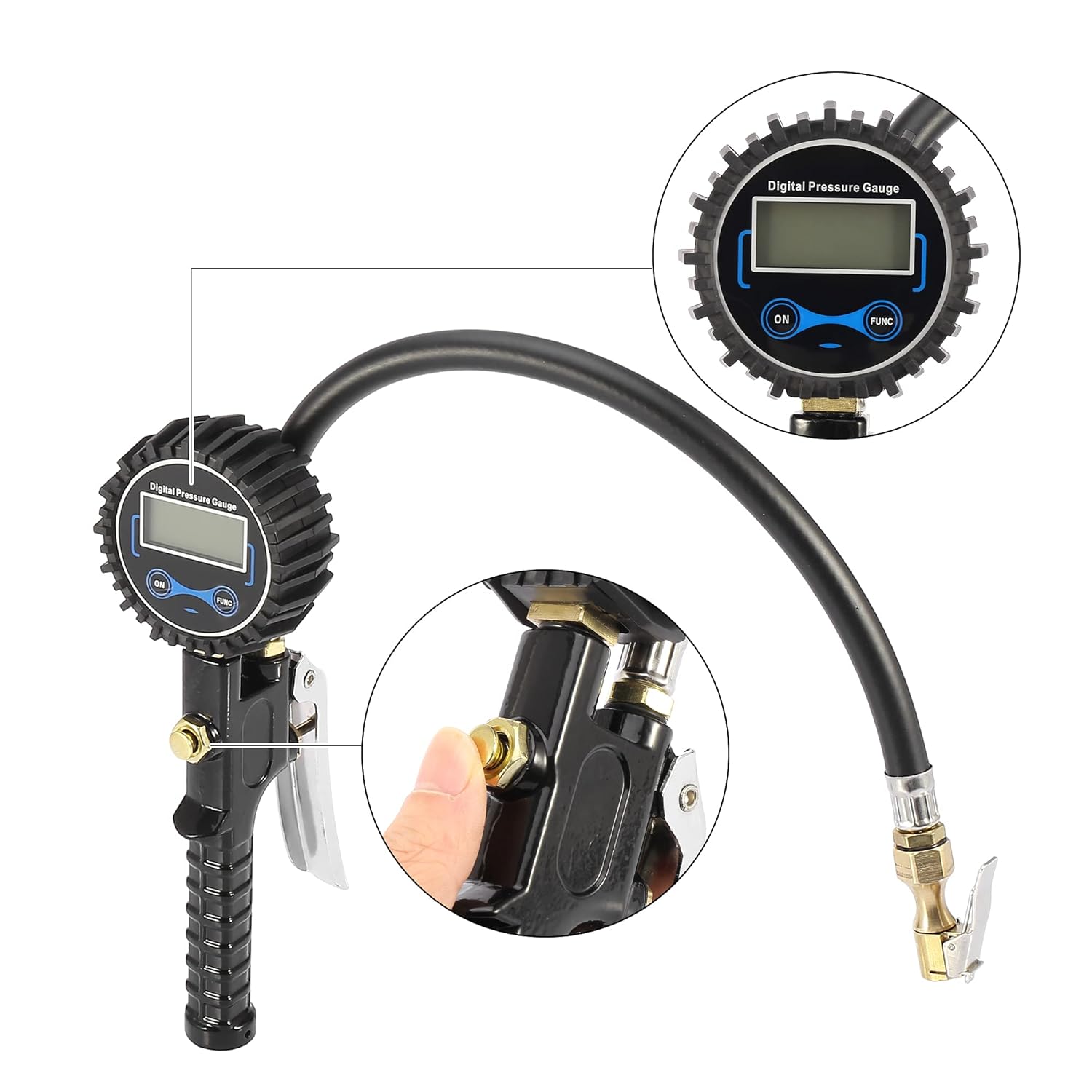 X AUTOHAUX 3 a 300PSI portátil digital medidor de presión de neumáticos inflado clip rápido deflación con palanca 3 tipos de boquillas de entrada de