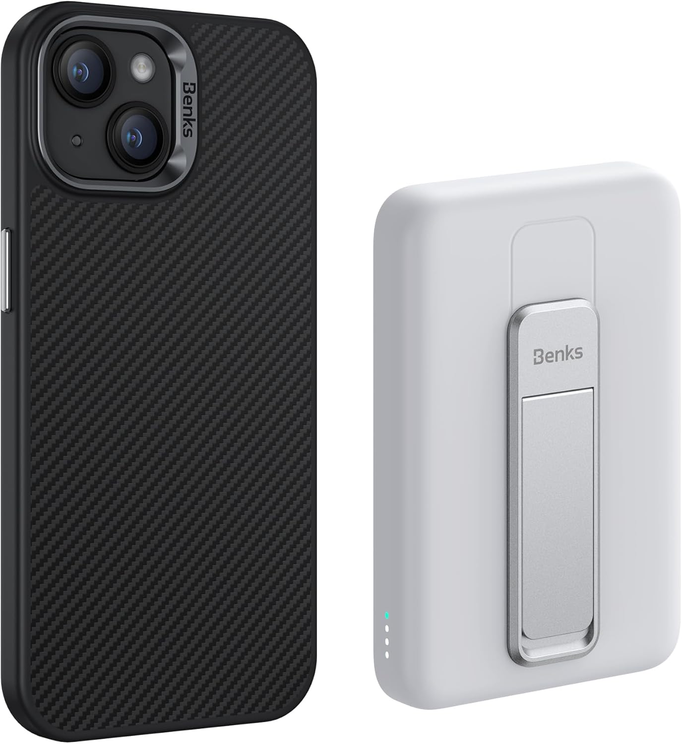 BENKS Funda para iPhone 15 Plus fabricada con fibra de aramida Kevlar 600D + banco magnético MagClap StandGo de 10000 mAh
