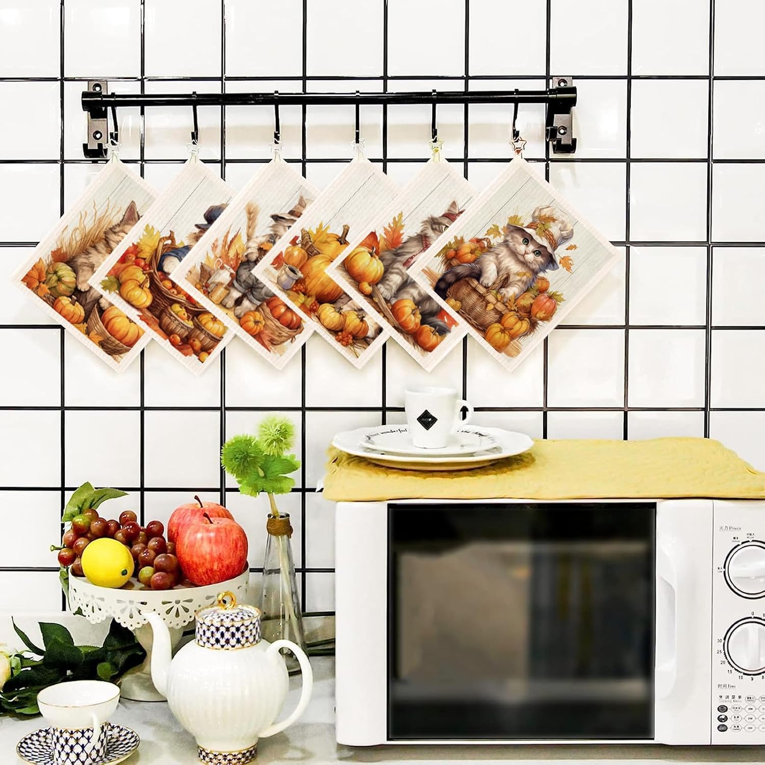 Morigins Paños de cocina suecos para cocina, paquete de 6 paños de cocina suecos con calabaza, gato, paños de esponja de celulosa, toallas de papel