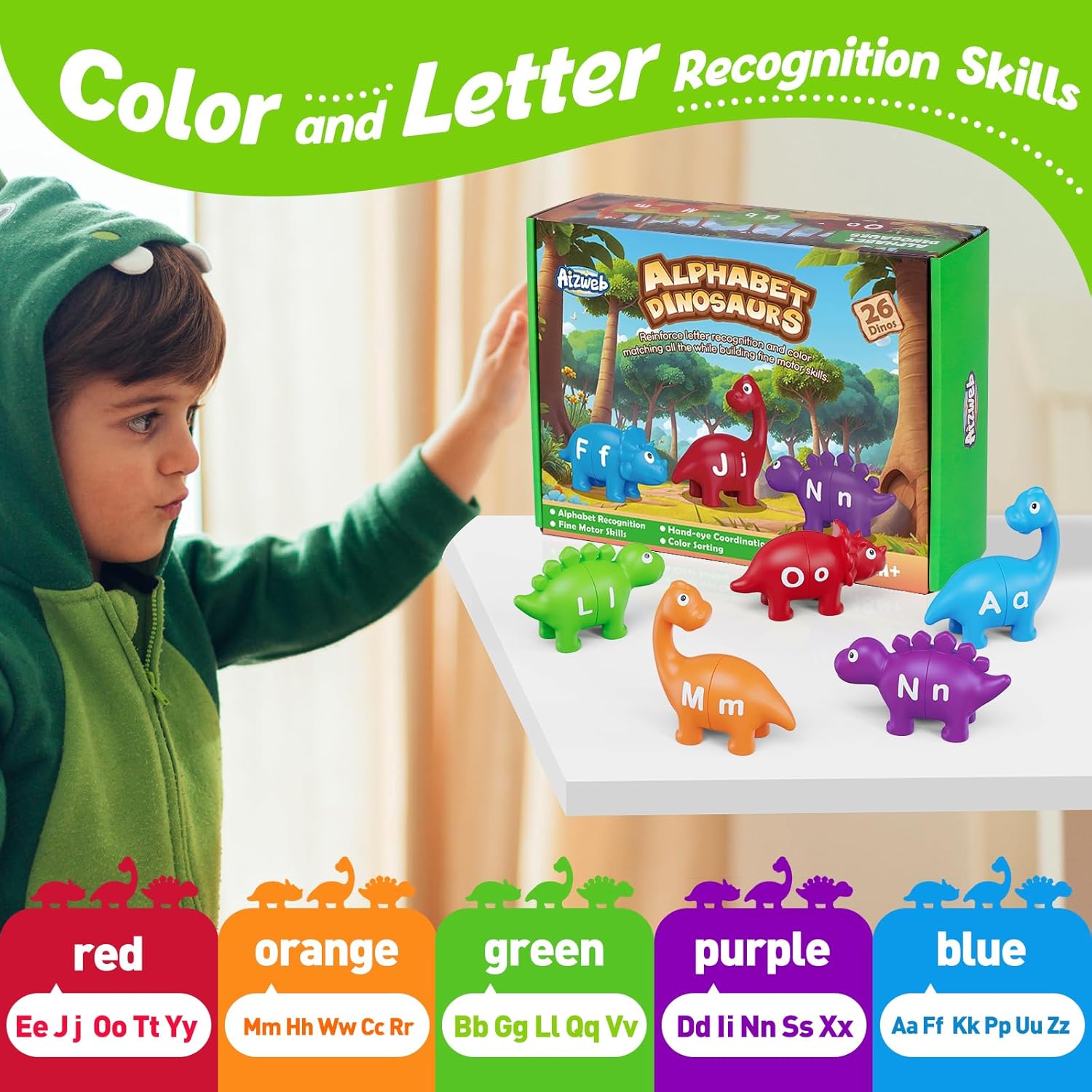 Aizweb Juguetes de aprendizaje del alfabeto, juego de letras a juego de clasificación de colores de dinosaurios para niños pequeños, actividades de