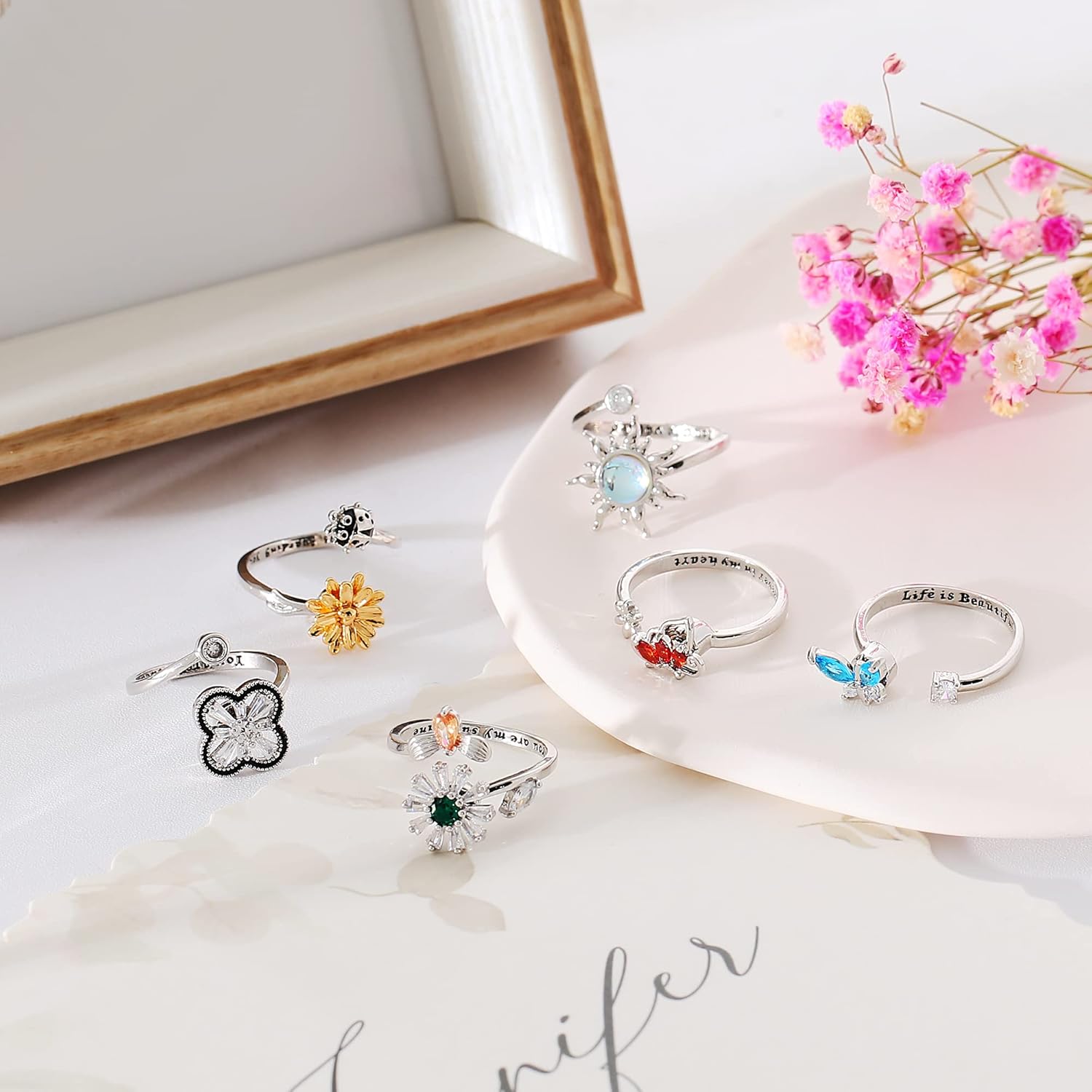 6 anillos para la ansiedad para mujer, anillos abiertos ajustables, anillos giratorios para calmar el estado de ánimo, anillos de mariposa con