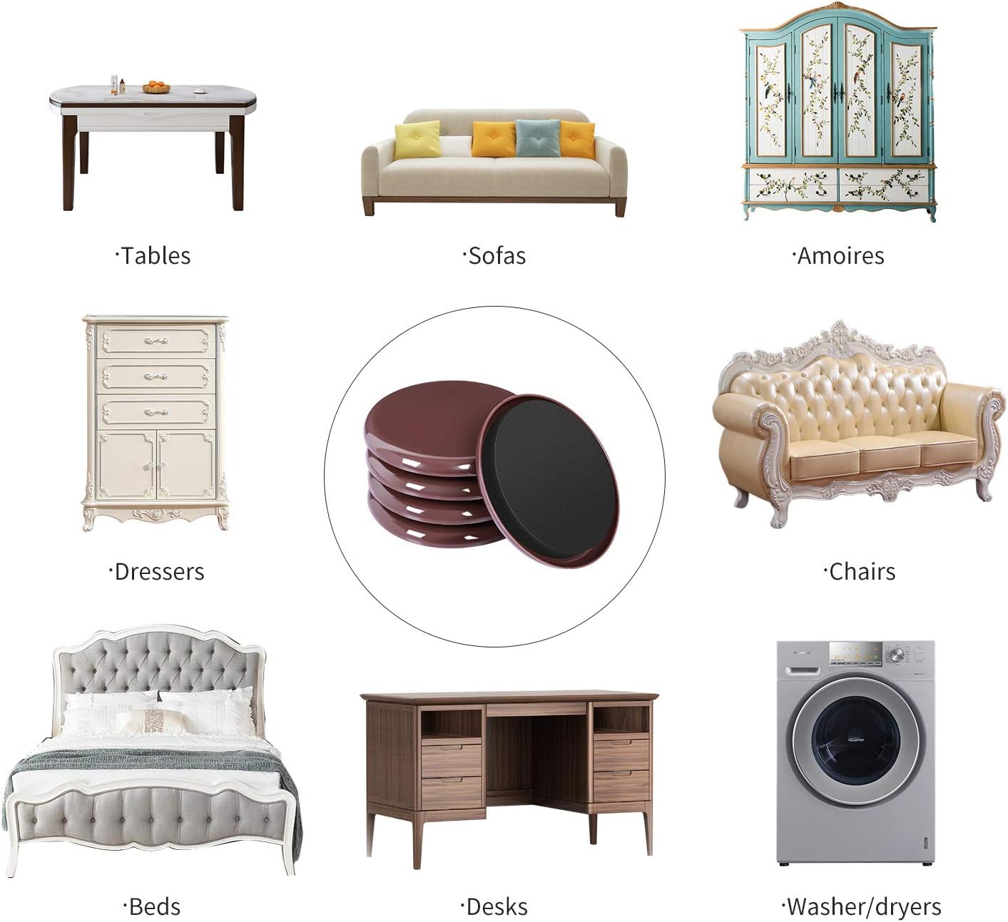 Paquete de 8 deslizadores de muebles grandes reutilizables para alfombras, almohadillas móviles de muebles de 5 pulgadas, deslizadores de alfombra
