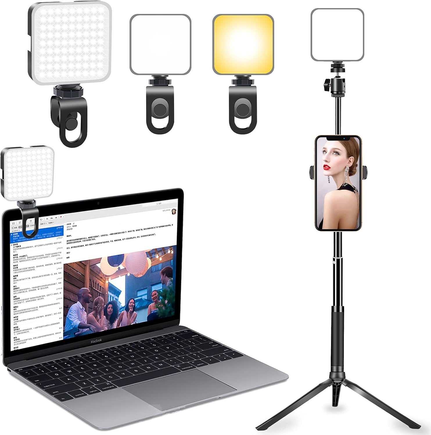 Luz de video LED de 3000 mAh, panel de luz suave recargable de 2500 k-6500 K, luz de videoconferencia con trípode de clip, luz para selfies,