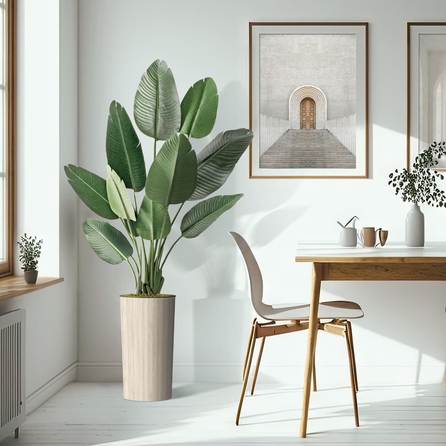 Árbol artificial en macetero de líneas geométricas modernas, ave del paraíso artificial de seda para decoración del hogar en interiores y