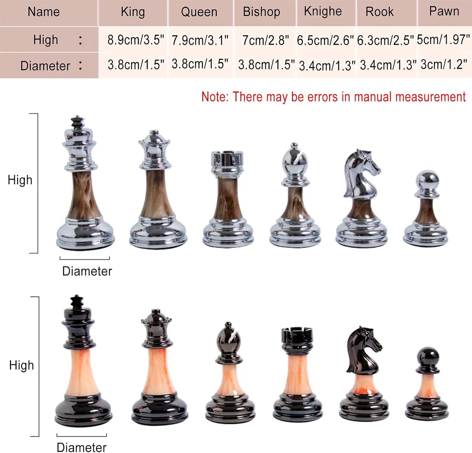 Juego de ajedrez de 17 pulgadas con tablero de ajedrez de madera plegable y piezas estándar clásicas hechas a mano piezas de ajedrez de metal